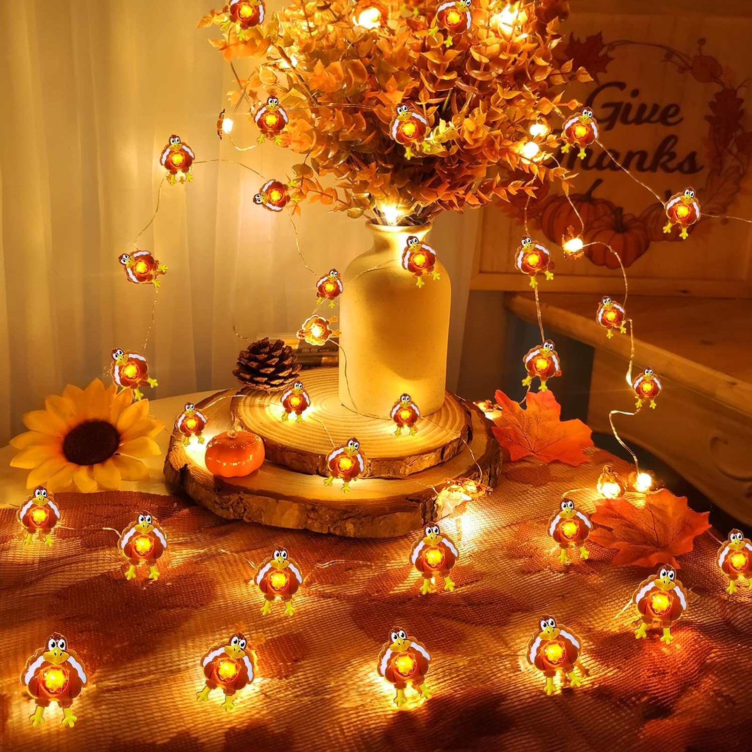 TURNMEON 10 Ft 30 LED Thanksgiving Turkey Lights Decorations Battery Operated Copper Wire Fairy String Lights Thanksgiving Lights Decoration Home Indoor Outdoor Party Autumn Harvest Decor - Image 4