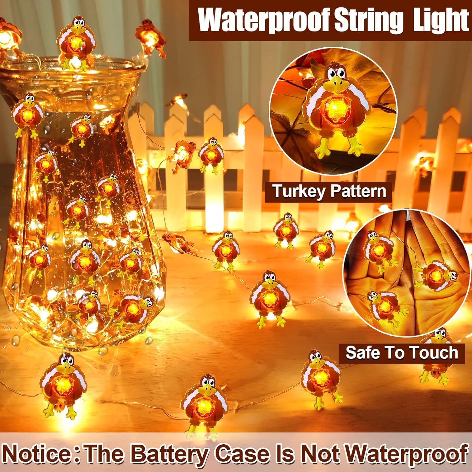 TURNMEON 10 Ft 30 LED Thanksgiving Turkey Lights Decorations Battery Operated Copper Wire Fairy String Lights Thanksgiving Lights Decoration Home Indoor Outdoor Party Autumn Harvest Decor - Image 5