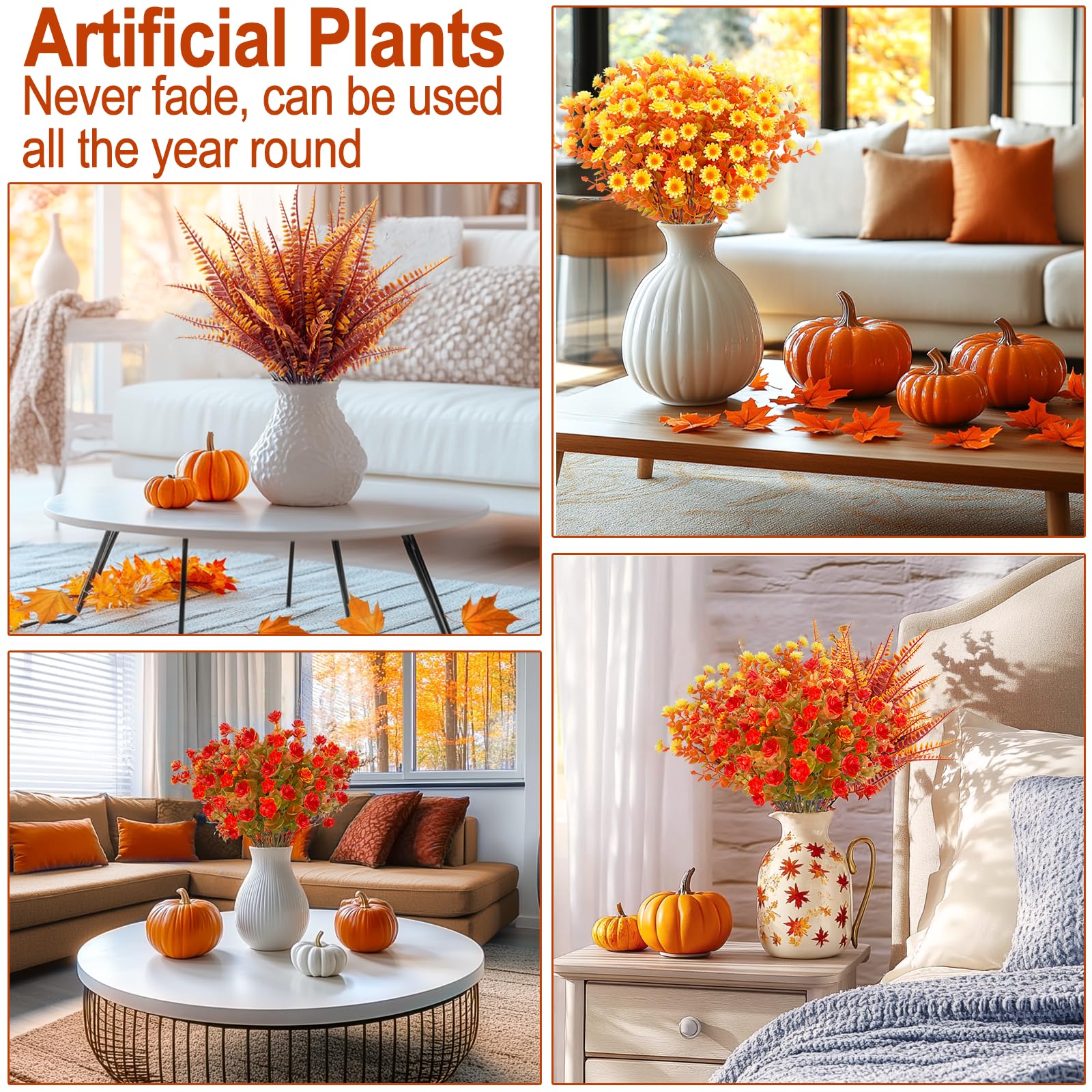 TURNMEON 12 Bundles Artificial Fall Flowers for Outdoors Fall Thanksgiving Decorations,UV Resistant Fake Mums Faux Fall Plants Plastic Orange Boston Fern Eucalyptus Home Gardens Porch Autumn Decor - Image 3
