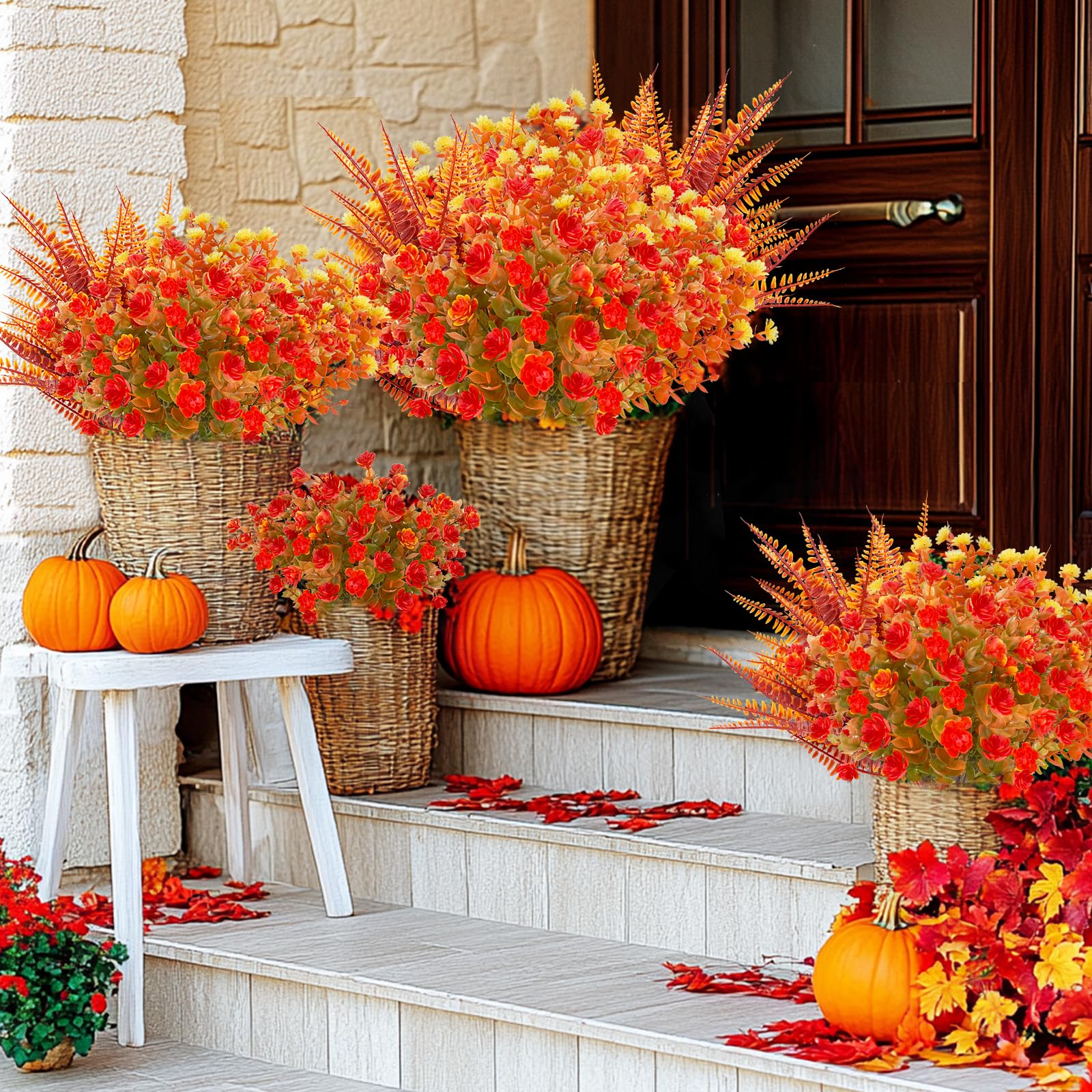 TURNMEON 12 Bundles Artificial Fall Flowers for Outdoors Fall Thanksgiving Decorations,UV Resistant Fake Mums Faux Fall Plants Plastic Orange Boston Fern Eucalyptus Home Gardens Porch Autumn Decor - Image 4