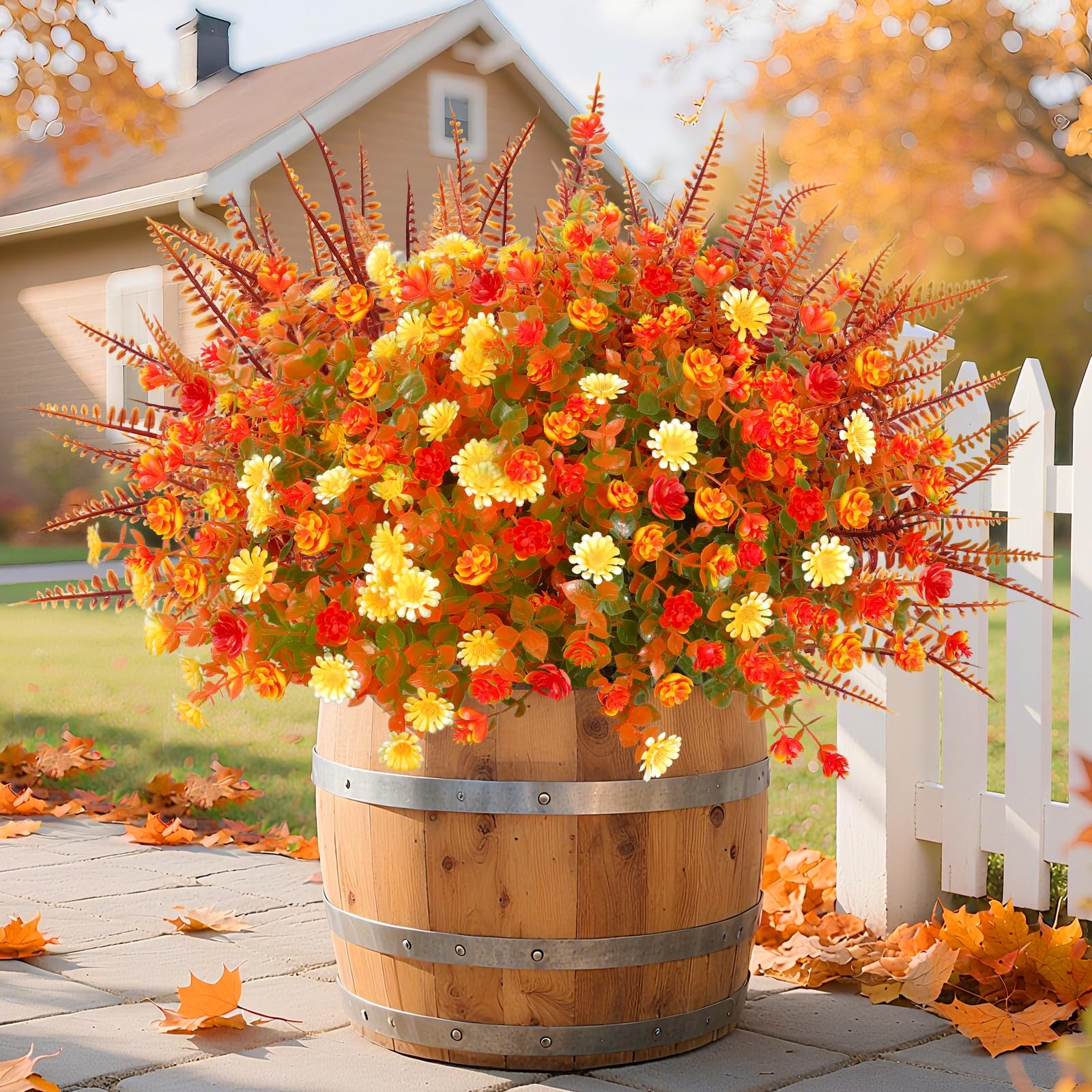 TURNMEON 12 Bundles Artificial Fall Flowers for Outdoors Fall Thanksgiving Decorations,UV Resistant Fake Mums Faux Fall Plants Plastic Orange Boston Fern Eucalyptus Home Gardens Porch Autumn Decor - Image 5