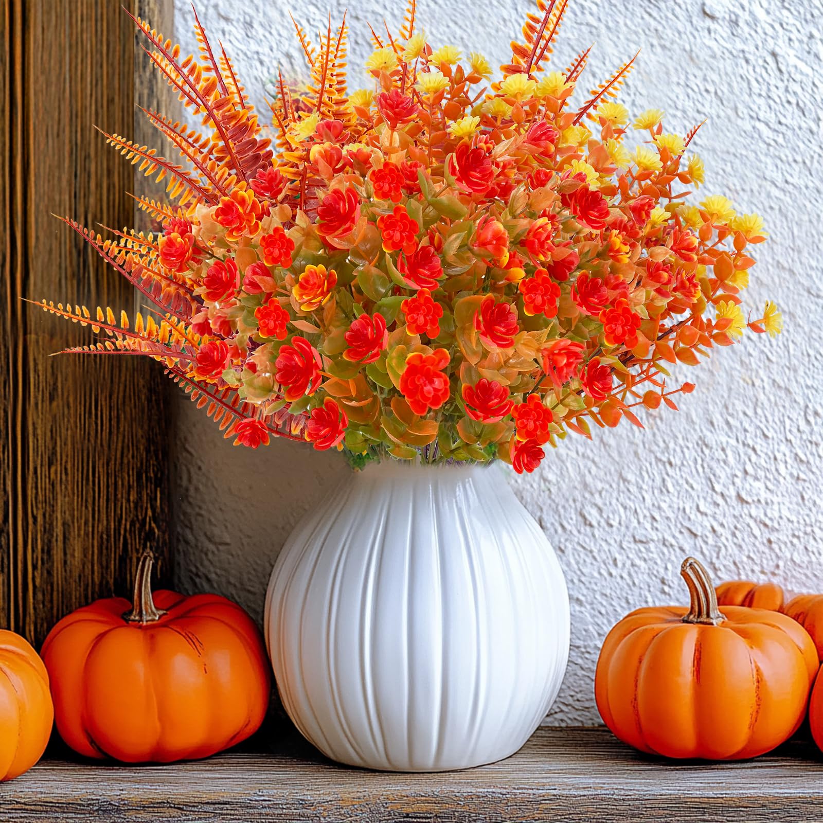 TURNMEON 12 Bundles Artificial Fall Flowers for Outdoors Fall Thanksgiving Decorations,UV Resistant Fake Mums Faux Fall Plants Plastic Orange Boston Fern Eucalyptus Home Gardens Porch Autumn Decor - Image 6