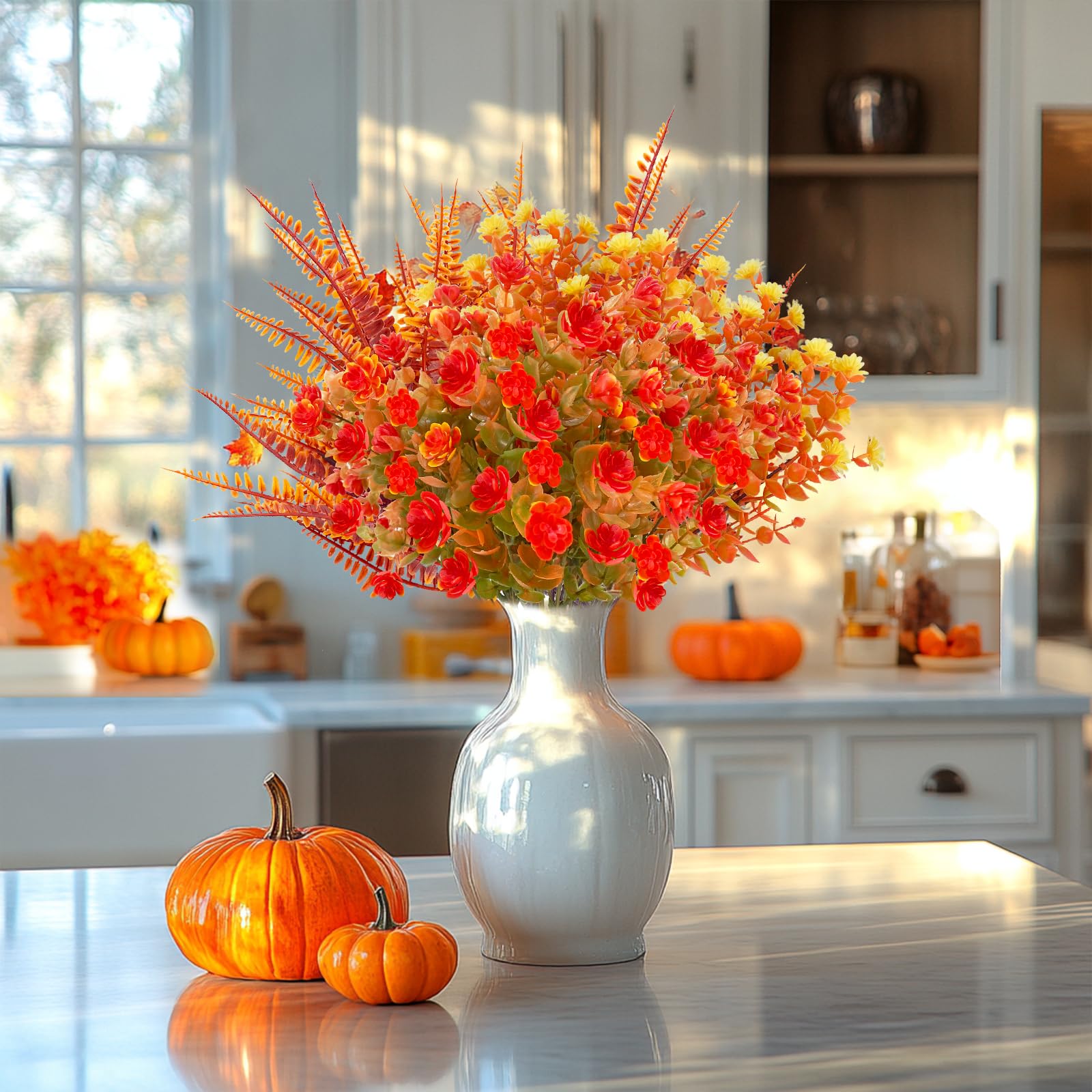 TURNMEON 12 Bundles Artificial Fall Flowers for Outdoors Fall Thanksgiving Decorations,UV Resistant Fake Mums Faux Fall Plants Plastic Orange Boston Fern Eucalyptus Home Gardens Porch Autumn Decor - Image 8