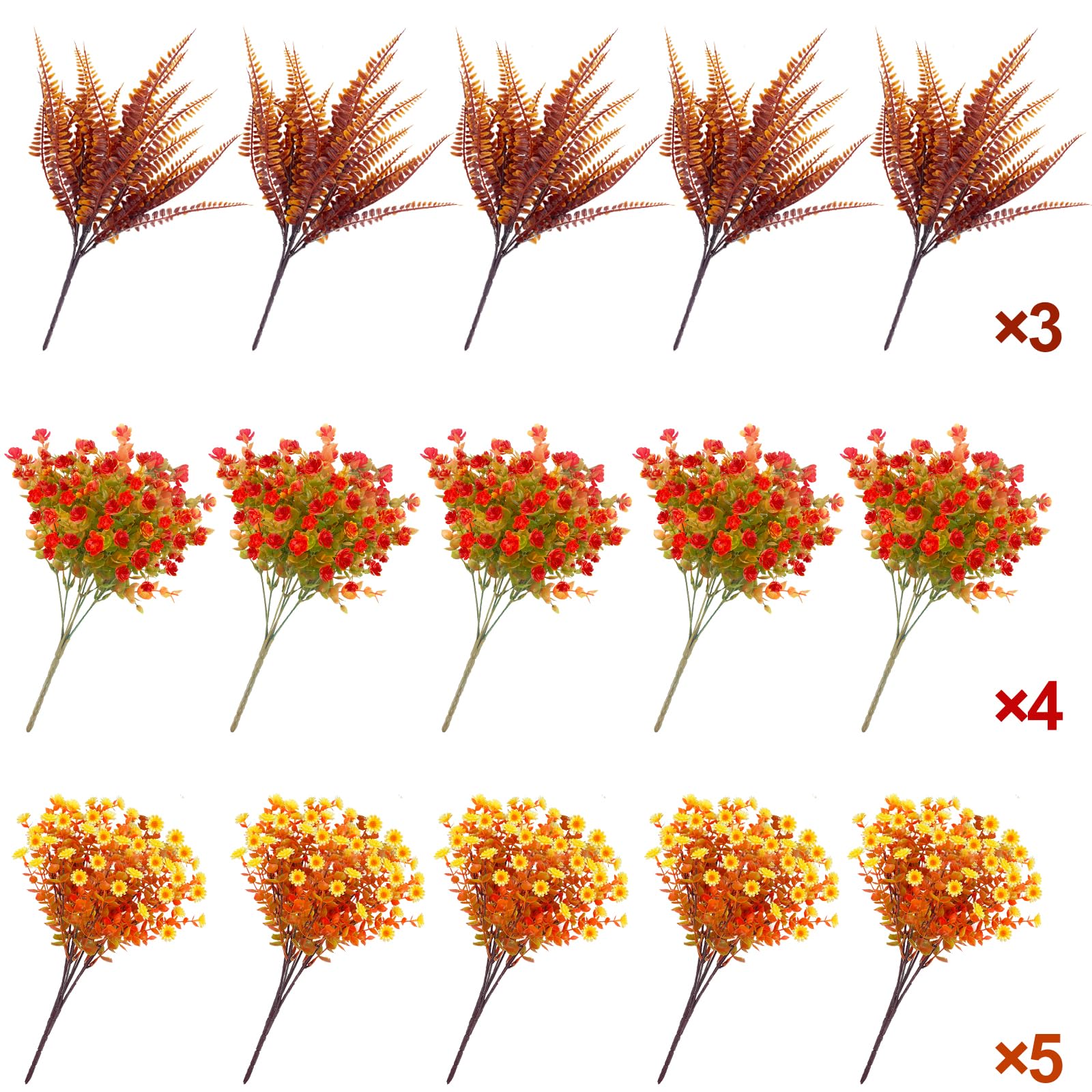 TURNMEON 12 Bundles Artificial Fall Flowers for Outdoors Fall Thanksgiving Decorations,UV Resistant Fake Mums Faux Fall Plants Plastic Orange Boston Fern Eucalyptus Home Gardens Porch Autumn Decor - Image 9