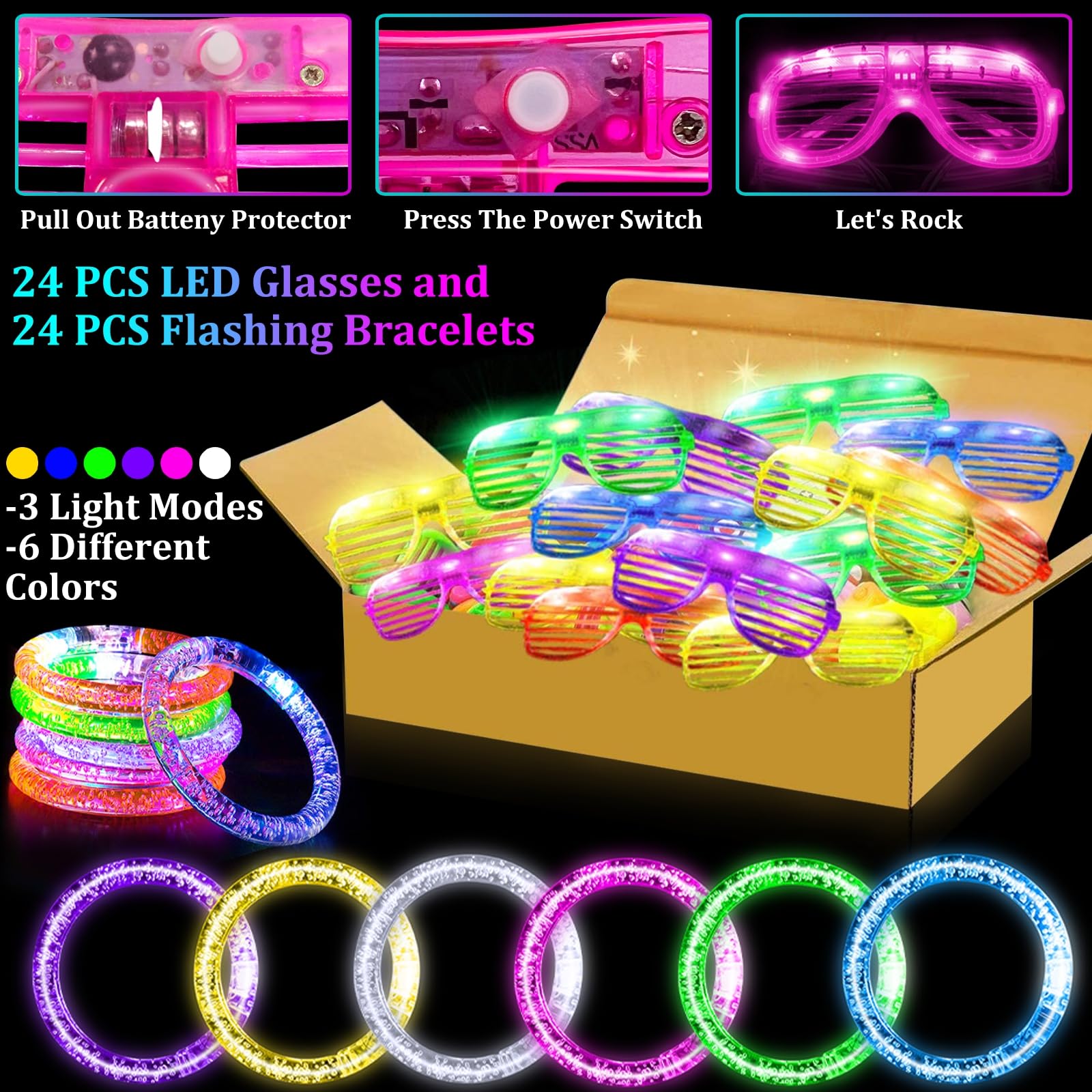TURNMEON 148 PCS Glow in the Dark Party Supplies Light Up Toys with 24 Led Glasses, 24 Flashing Bracelets and 100 Glow Sticks Bulk Party Favors Birthday Wedding Carnivals Concert Patriotic - Image 3
