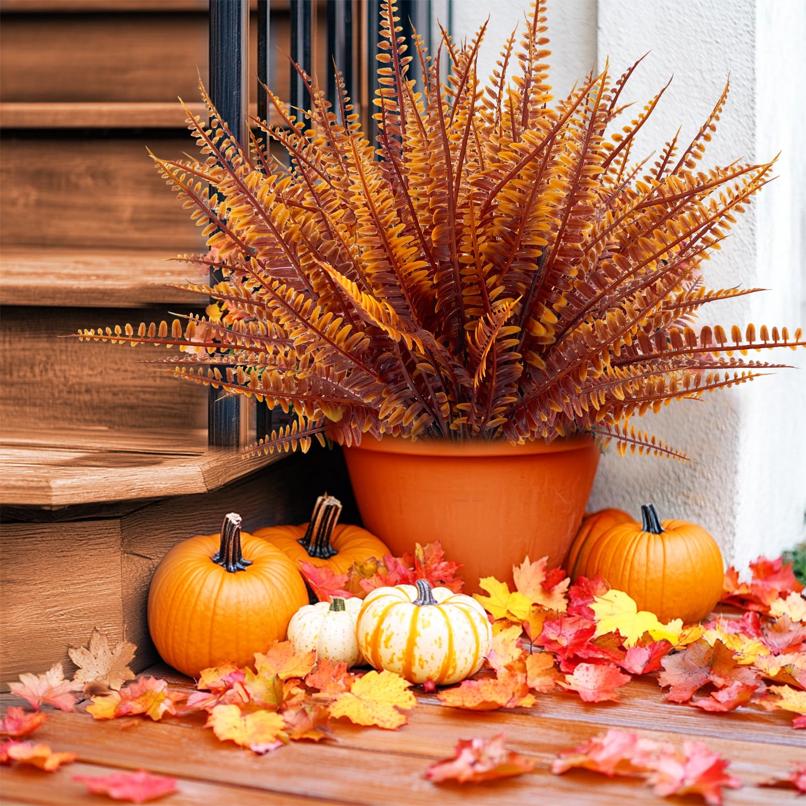 TURNMEON 20 Bundles Artificial Fall Flowers for Outdoors Fall Thanksgiving Decorations, UV Resistant Fall Plants Faux Boston Fern Fake Mums Plastic Greenery Shrubs for Home Porch Gardens Autumn Decor - Image 3
