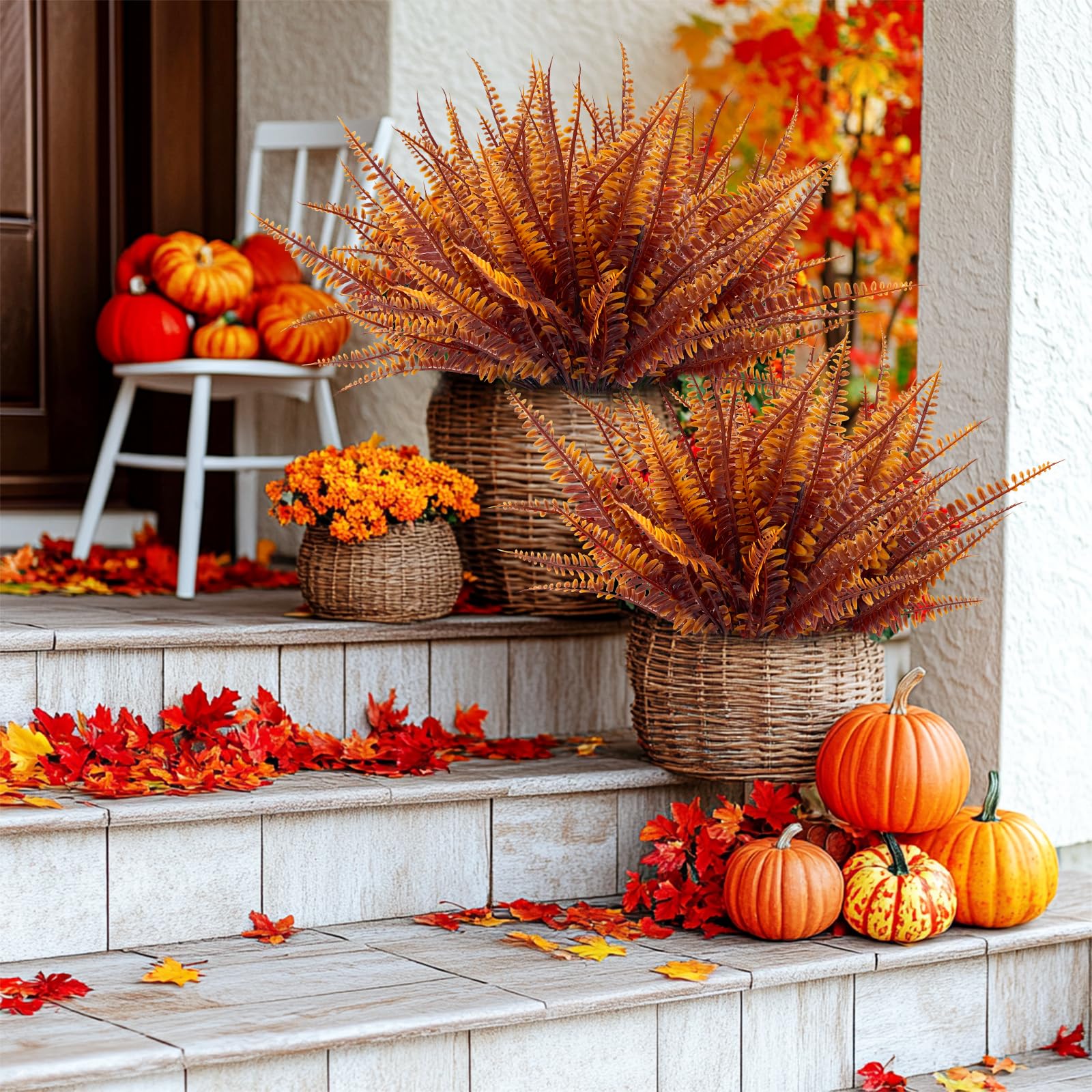 TURNMEON 20 Bundles Artificial Fall Flowers for Outdoors Fall Thanksgiving Decorations, UV Resistant Fall Plants Faux Boston Fern Fake Mums Plastic Greenery Shrubs for Home Porch Gardens Autumn Decor - Image 4