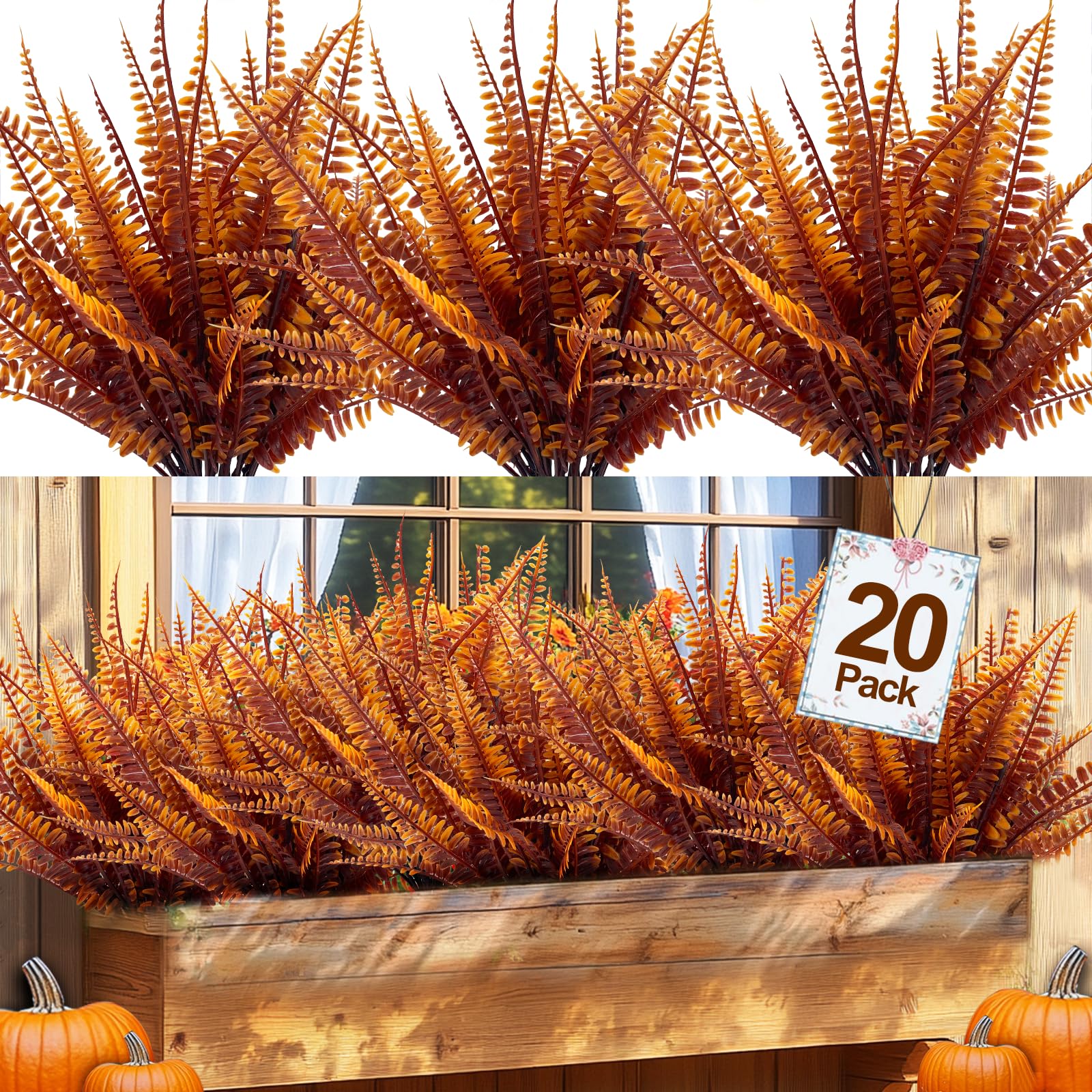 TURNMEON 20 Bundles Artificial Fall Flowers for Outdoors Fall Thanksgiving Decorations, UV Resistant Fall Plants Faux Boston Fern Fake Mums Plastic Greenery Shrubs for Home Porch Gardens Autumn Decor - Image 7