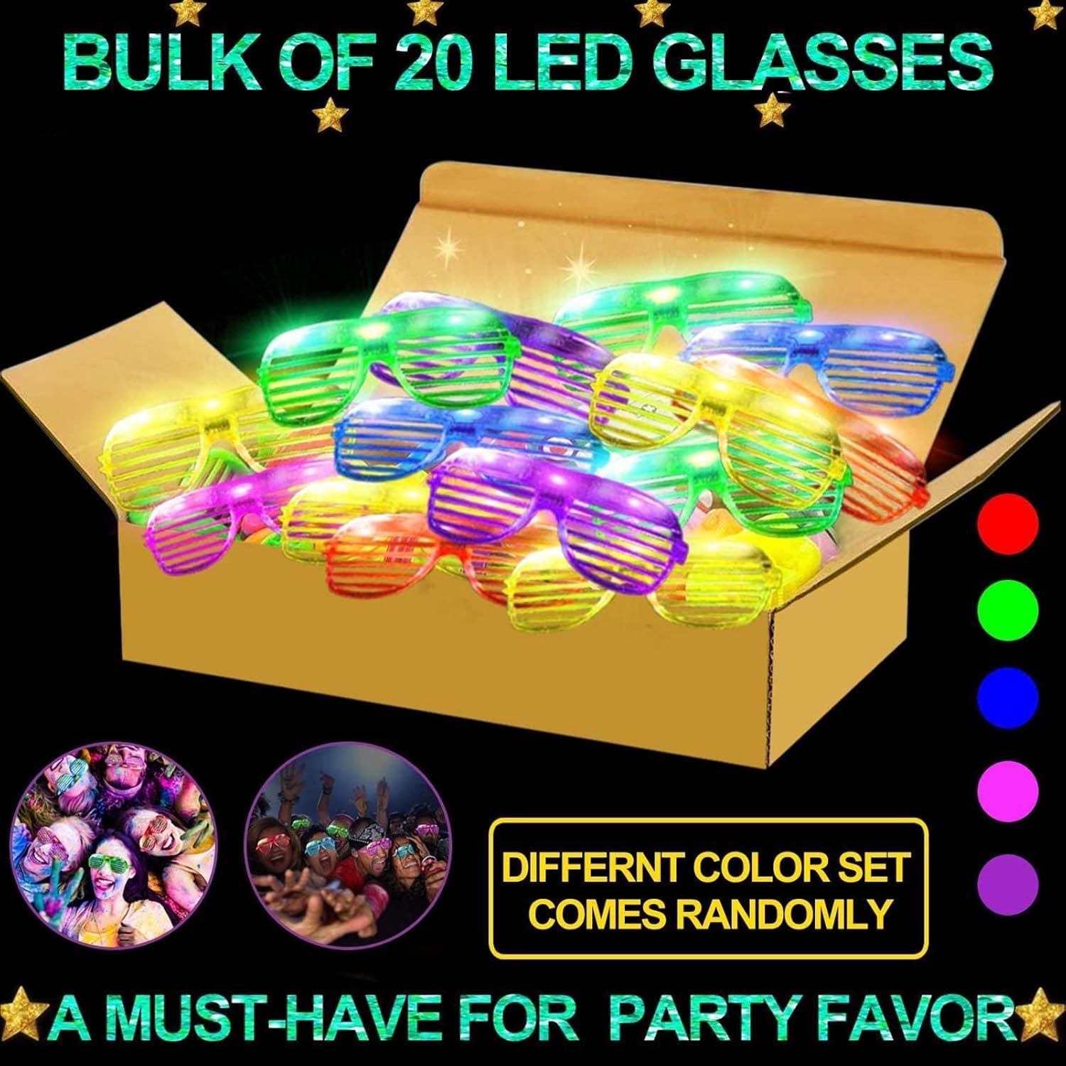 TURNMEON 20 Pack LED Glasses Party Favors, 6 Colors Light Up Glasses Glow In The Dark Party Supplies Shutter Shades Glow Sticks Glasses Neon Party Birthday Wedding Concerts Pool Patriotic - Image 3