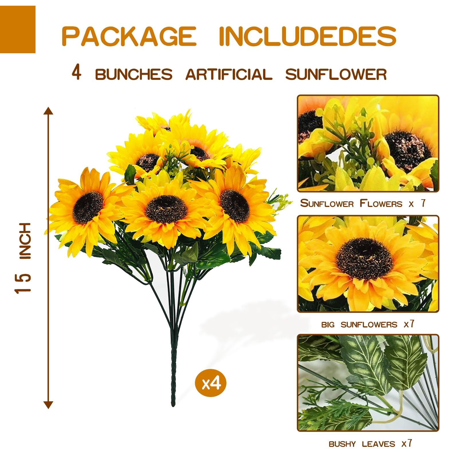 TURNMEON 28Pcs Sunflowers Artificial Flowers for Outdoors Summer Decor, 4 Pack Fake Flowers Silk Faux Sunflower Bouquet Arrangement for Vase Wedding Table Indoor Home Grave Flowers Cemetery Decor - Image 3