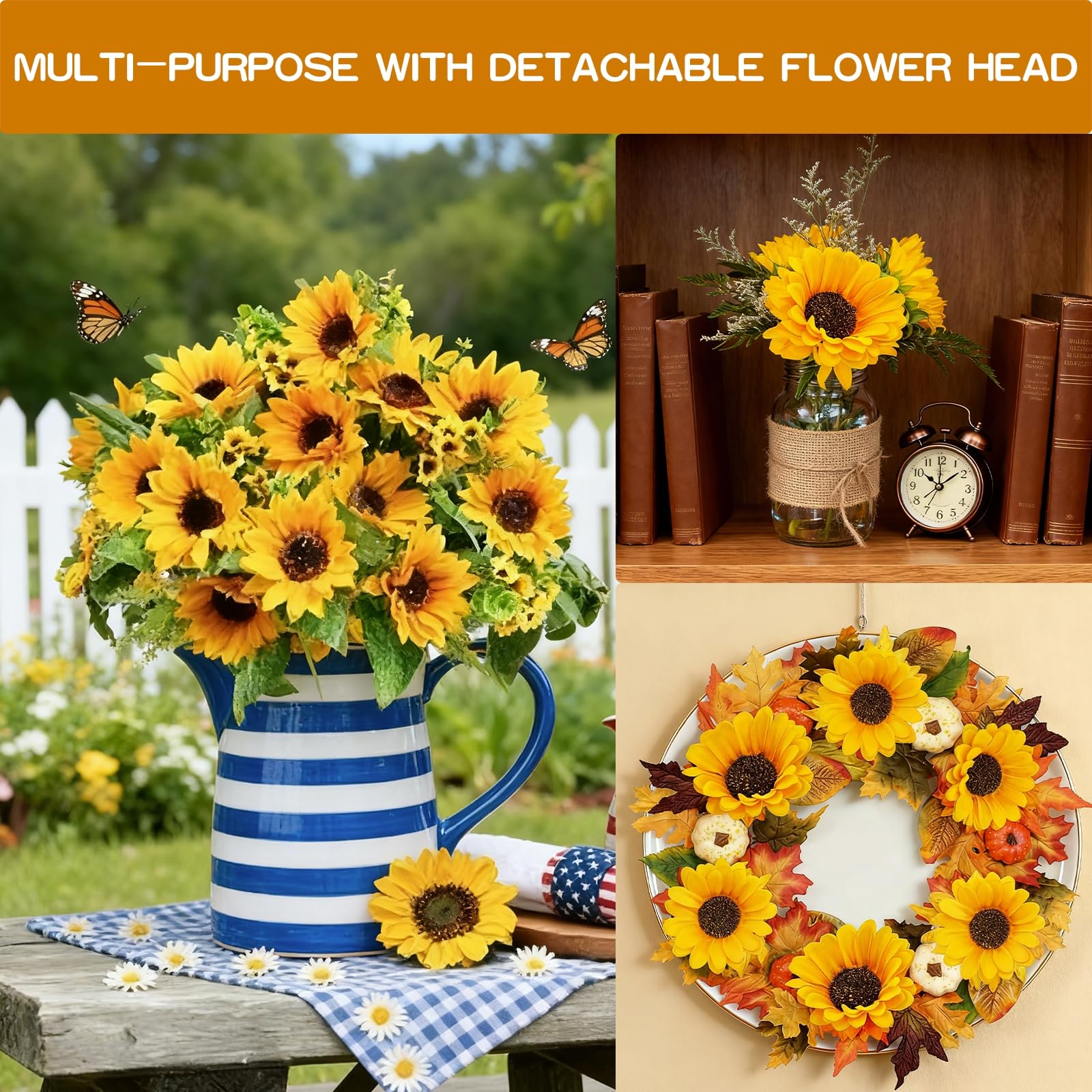 TURNMEON 28Pcs Sunflowers Artificial Flowers for Outdoors Summer Decor, 4 Pack Fake Flowers Silk Faux Sunflower Bouquet Arrangement for Vase Wedding Table Indoor Home Grave Flowers Cemetery Decor - Image 6