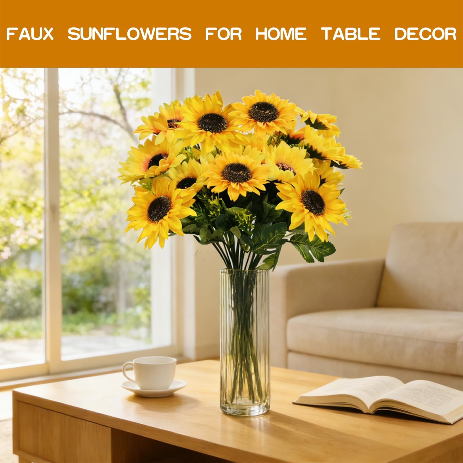TURNMEON 28Pcs Sunflowers Artificial Flowers for Outdoors Summer Decor, 4 Pack Fake Flowers Silk Faux Sunflower Bouquet Arrangement for Vase Wedding Table Indoor Home Grave Flowers Cemetery Decor - Image 8