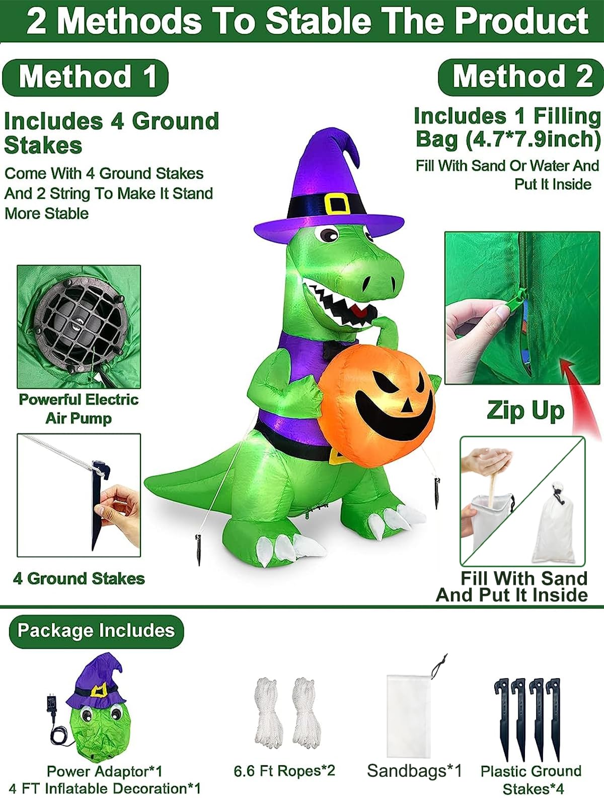 TURNMEON 4 Ft Halloween Inflatables Outdoor Decorations, Blow Up Witch Dinosaur Holding Pumpkin Built-in LEDs Lights Holiday Decor for Indoor Yard Lawn Garden - Image 3