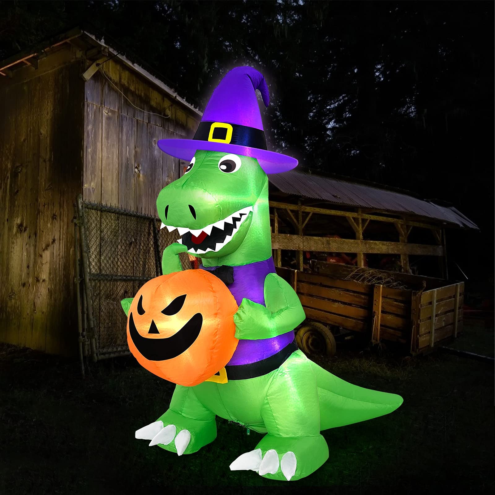 TURNMEON 4 Ft Halloween Inflatables Outdoor Decorations, Blow Up Witch Dinosaur Holding Pumpkin Built-in LEDs Lights Holiday Decor for Indoor Yard Lawn Garden - Image 4