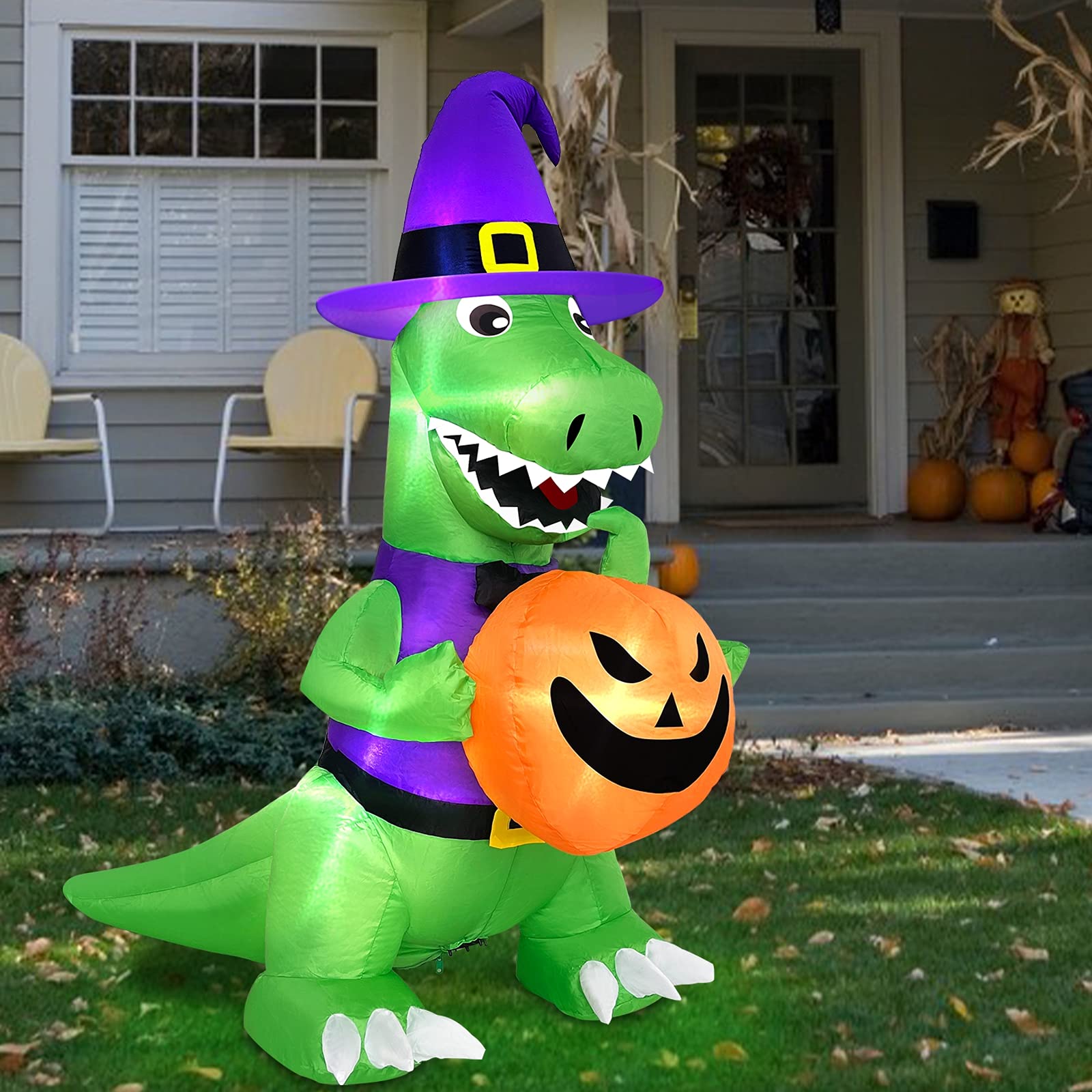 TURNMEON 4 Ft Halloween Inflatables Outdoor Decorations, Blow Up Witch Dinosaur Holding Pumpkin Built-in LEDs Lights Holiday Decor for Indoor Yard Lawn Garden - Image 5