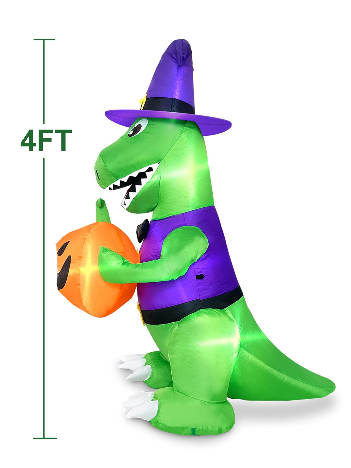 TURNMEON 4 Ft Halloween Inflatables Outdoor Decorations, Blow Up Witch Dinosaur Holding Pumpkin Built-in LEDs Lights Holiday Decor for Indoor Yard Lawn Garden - Image 6