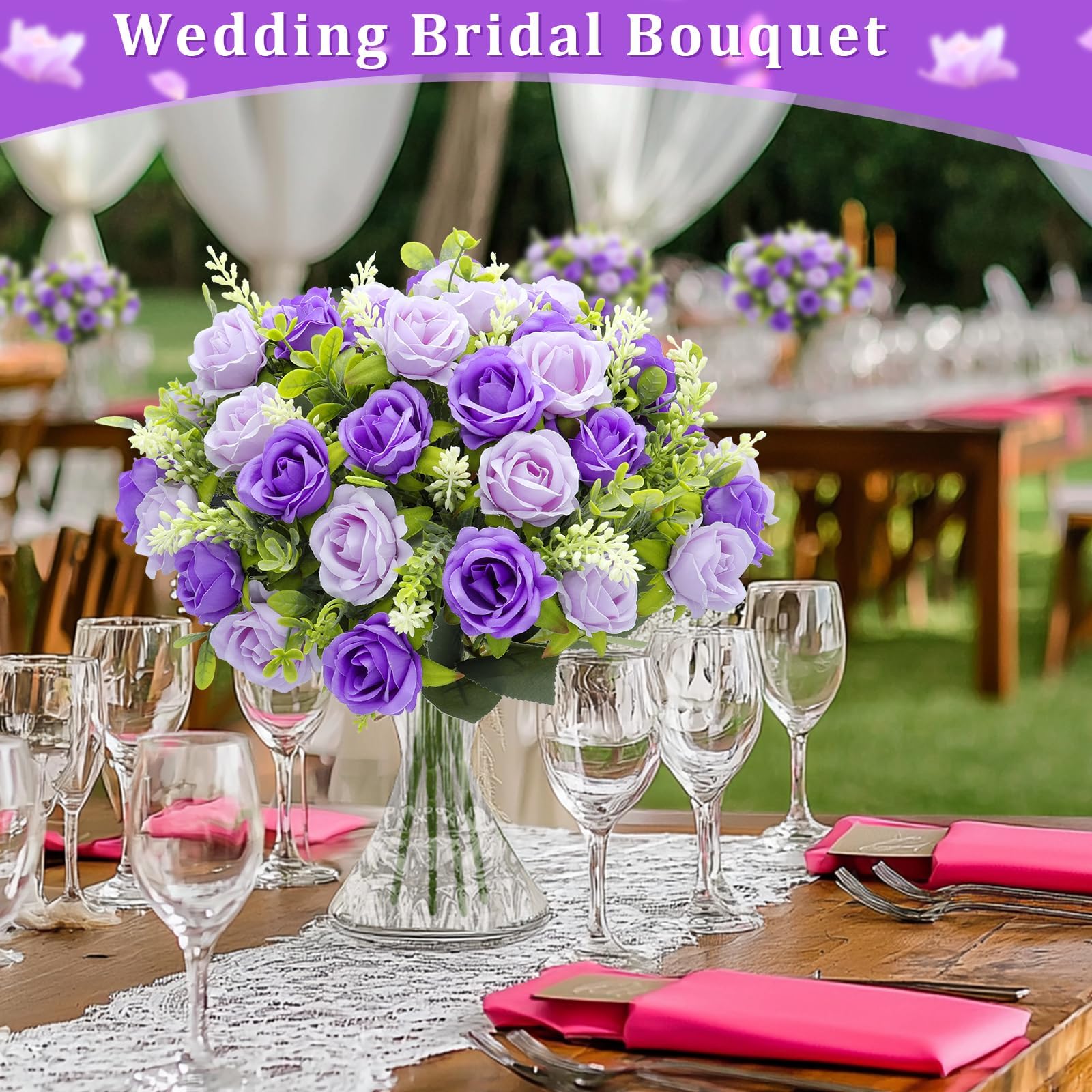 TURNMEON 40 Heads Fake Roses Artificial Flowers for Outdoors, 4 Bouquets UV Resistant Fake Flower Bouquet Faux Silk Roses for Wedding Birthday Party Home Mother's Day Cemetery Summer Decor(Purple) - Image 3