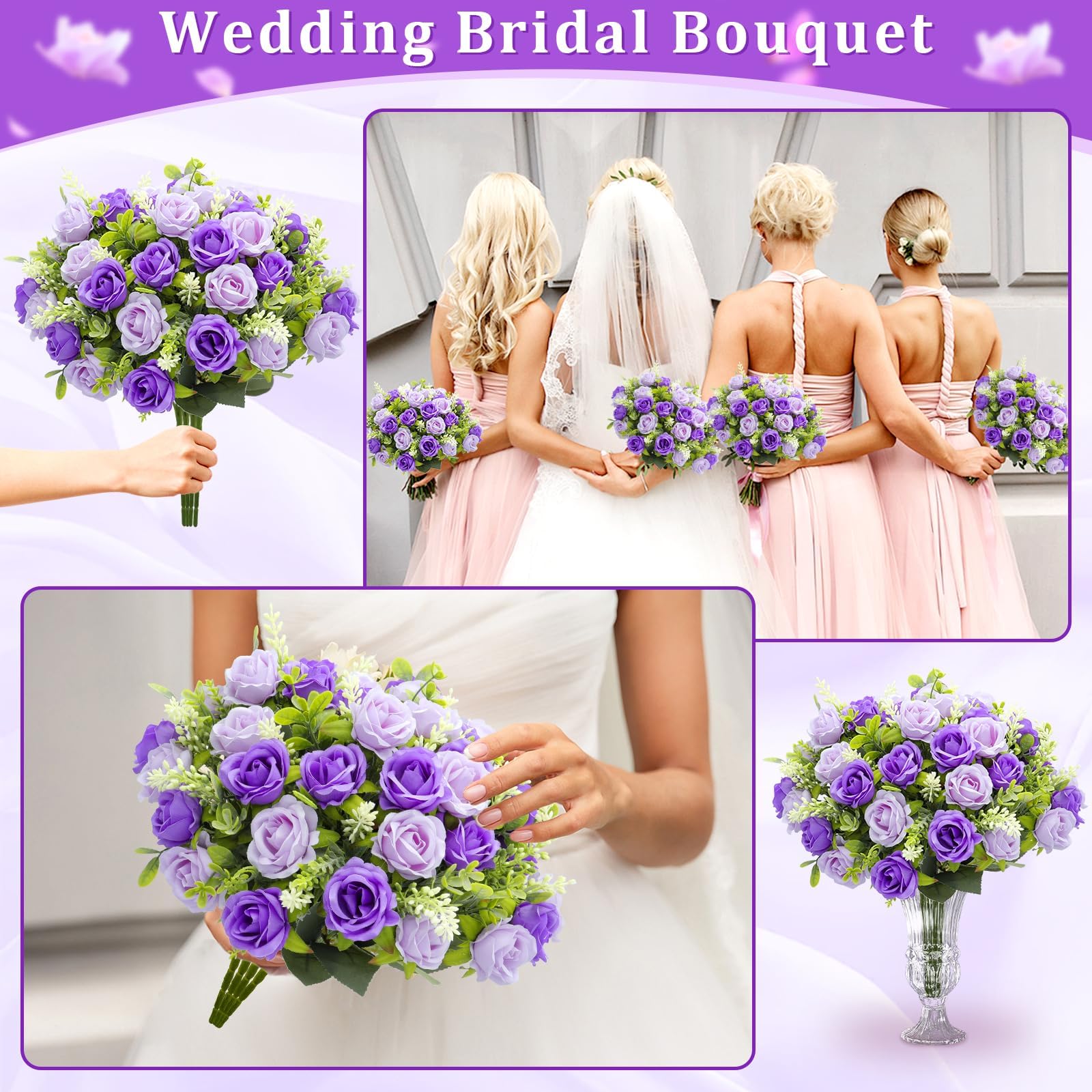TURNMEON 40 Heads Fake Roses Artificial Flowers for Outdoors, 4 Bouquets UV Resistant Fake Flower Bouquet Faux Silk Roses for Wedding Birthday Party Home Mother's Day Cemetery Summer Decor(Purple) - Image 4