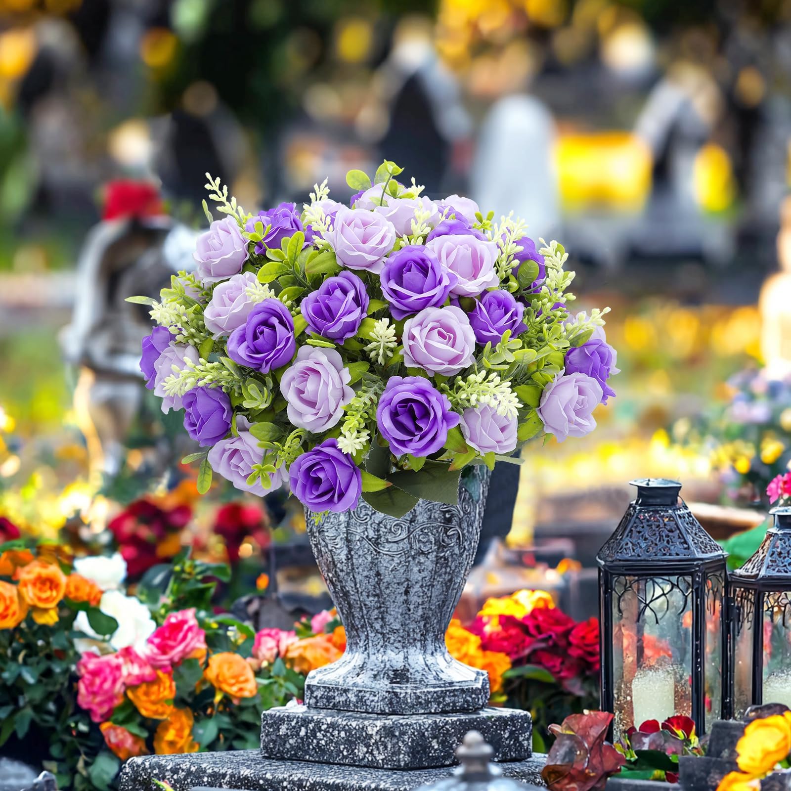 TURNMEON 40 Heads Fake Roses Artificial Flowers for Outdoors, 4 Bouquets UV Resistant Fake Flower Bouquet Faux Silk Roses for Wedding Birthday Party Home Mother's Day Cemetery Summer Decor(Purple) - Image 5