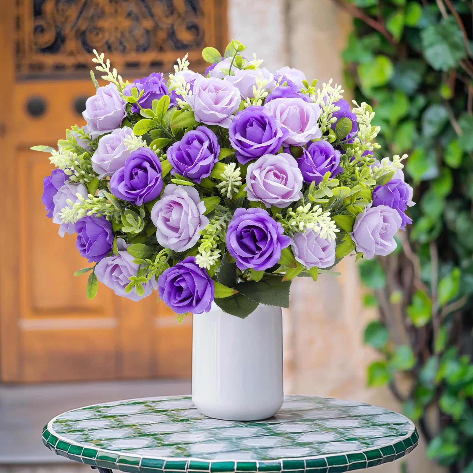 TURNMEON 40 Heads Fake Roses Artificial Flowers for Outdoors, 4 Bouquets UV Resistant Fake Flower Bouquet Faux Silk Roses for Wedding Birthday Party Home Mother's Day Cemetery Summer Decor(Purple) - Image 7