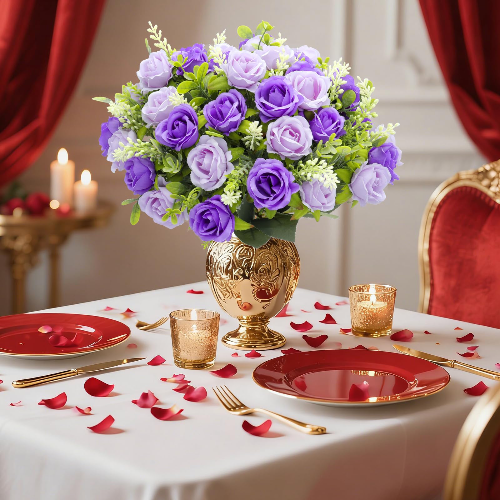 TURNMEON 40 Heads Fake Roses Artificial Flowers for Outdoors, 4 Bouquets UV Resistant Fake Flower Bouquet Faux Silk Roses for Wedding Birthday Party Home Mother's Day Cemetery Summer Decor(Purple) - Image 8