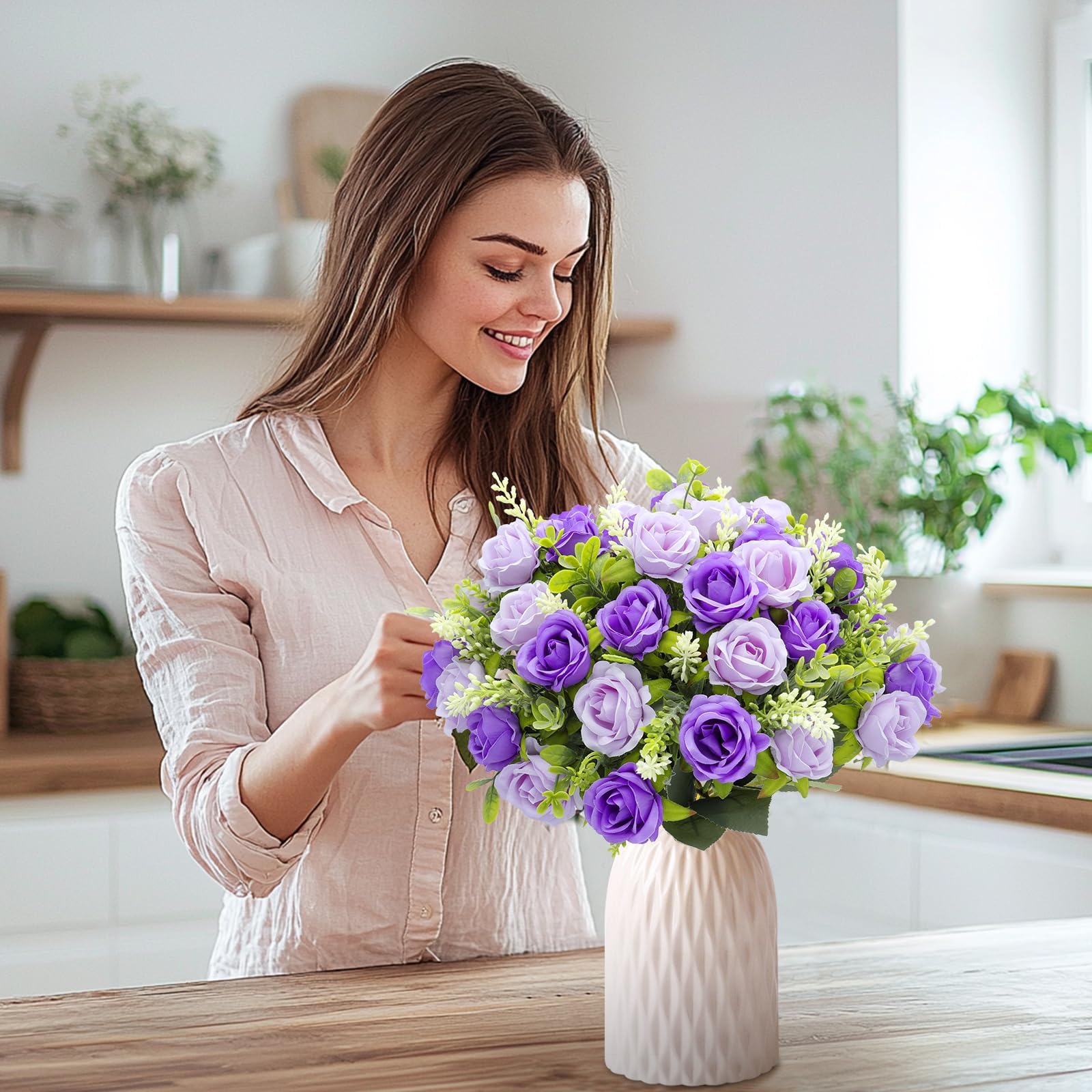 TURNMEON 40 Heads Fake Roses Artificial Flowers for Outdoors, 4 Bouquets UV Resistant Fake Flower Bouquet Faux Silk Roses for Wedding Birthday Party Home Mother's Day Cemetery Summer Decor(Purple) - Image 9