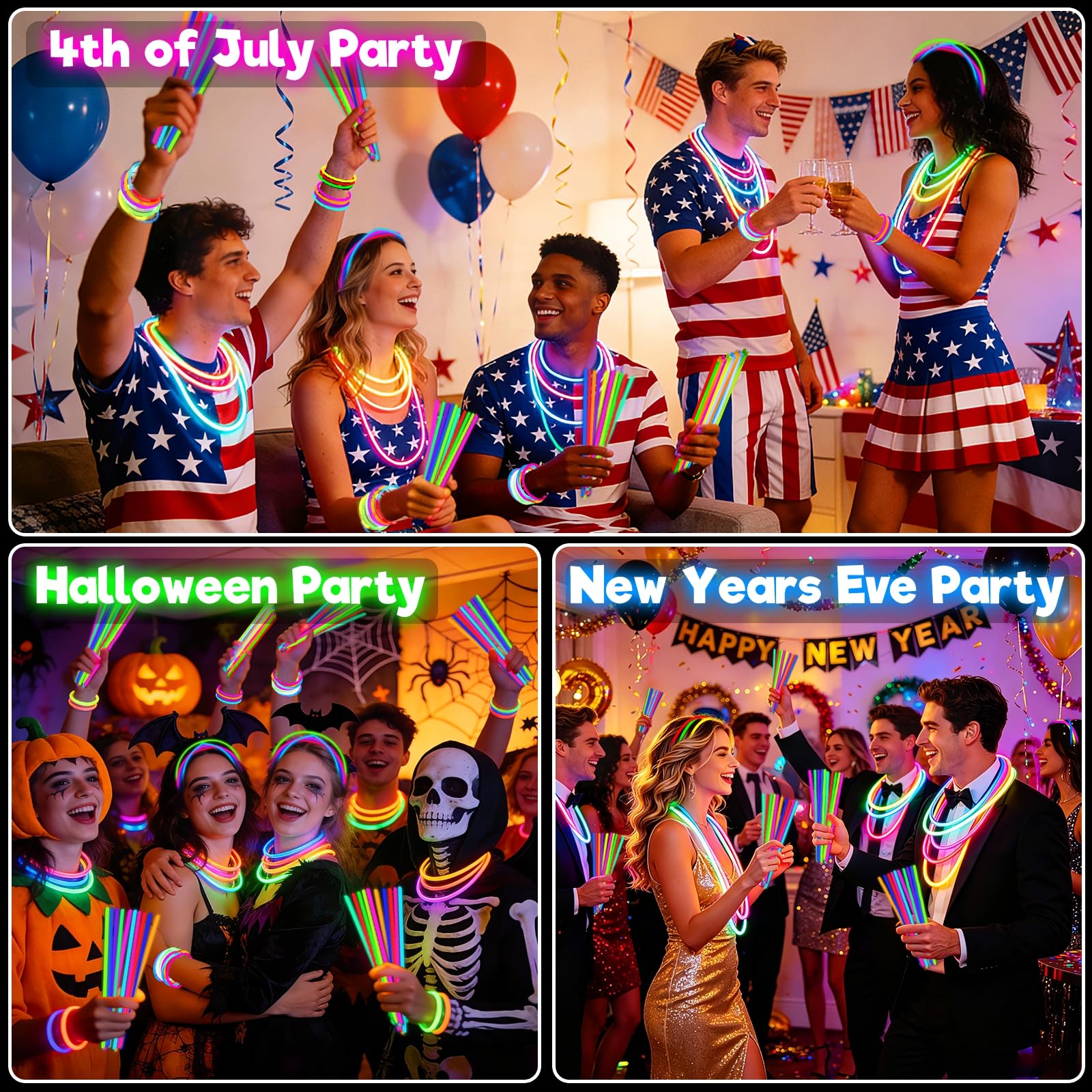 TURNMEON 500 Pack Ultra Bright Glow Sticks Bulk Glow In The Dark Party Supplies Necklace Bracelet with Connector 8" Light Up 14Hrs Long Last Party Favors Toy Birthday Wedding Pool Patriotic - Image 8