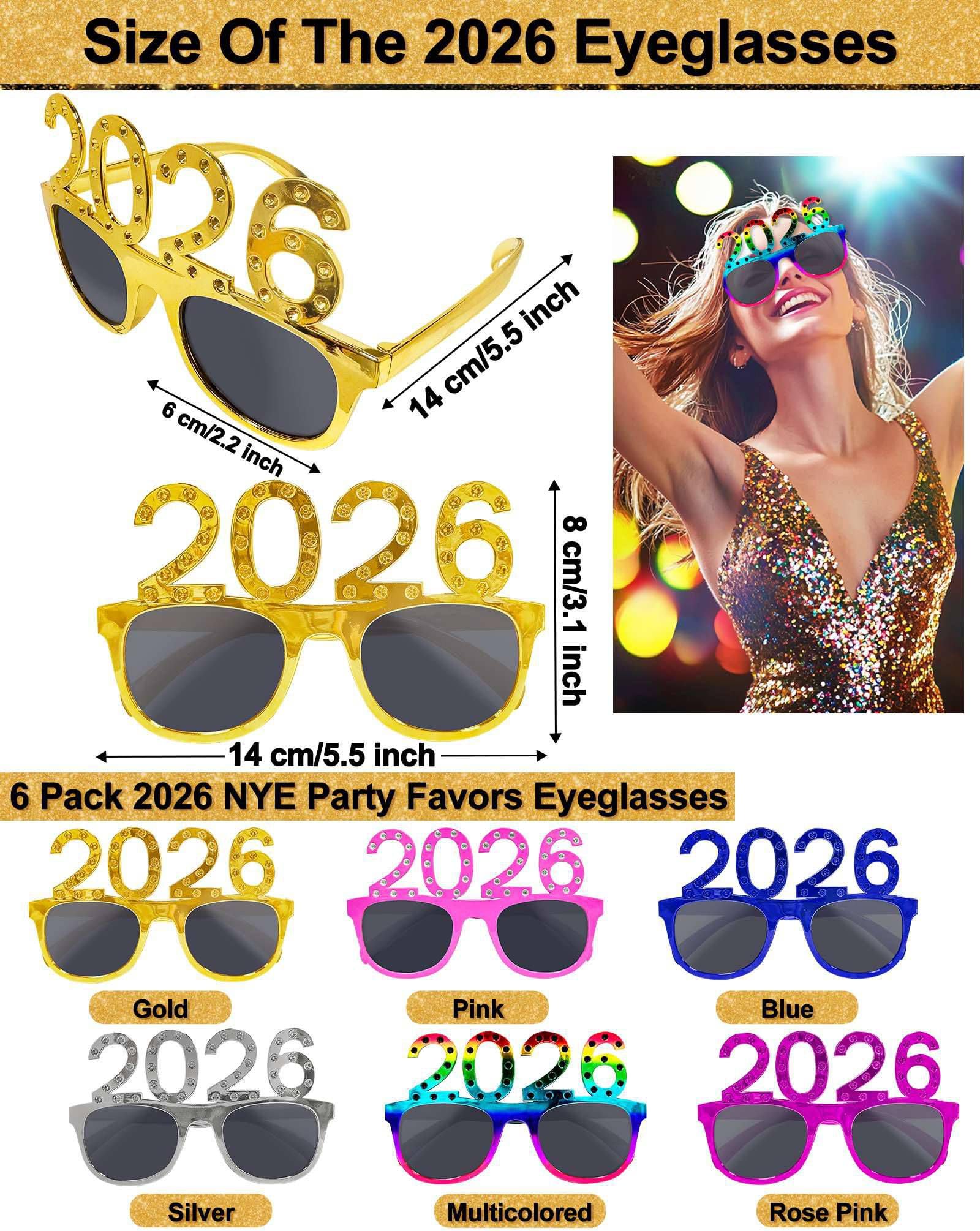 TURNMEON 6 Pairs Happy New Year Glasses Glitter 2026 Shaped Eyeglasses,New Years Eve Party Supplies 2026, New Years Eyewear Funny Sunglasses for New Year Celebration Photo Props Party Favors - Image 3