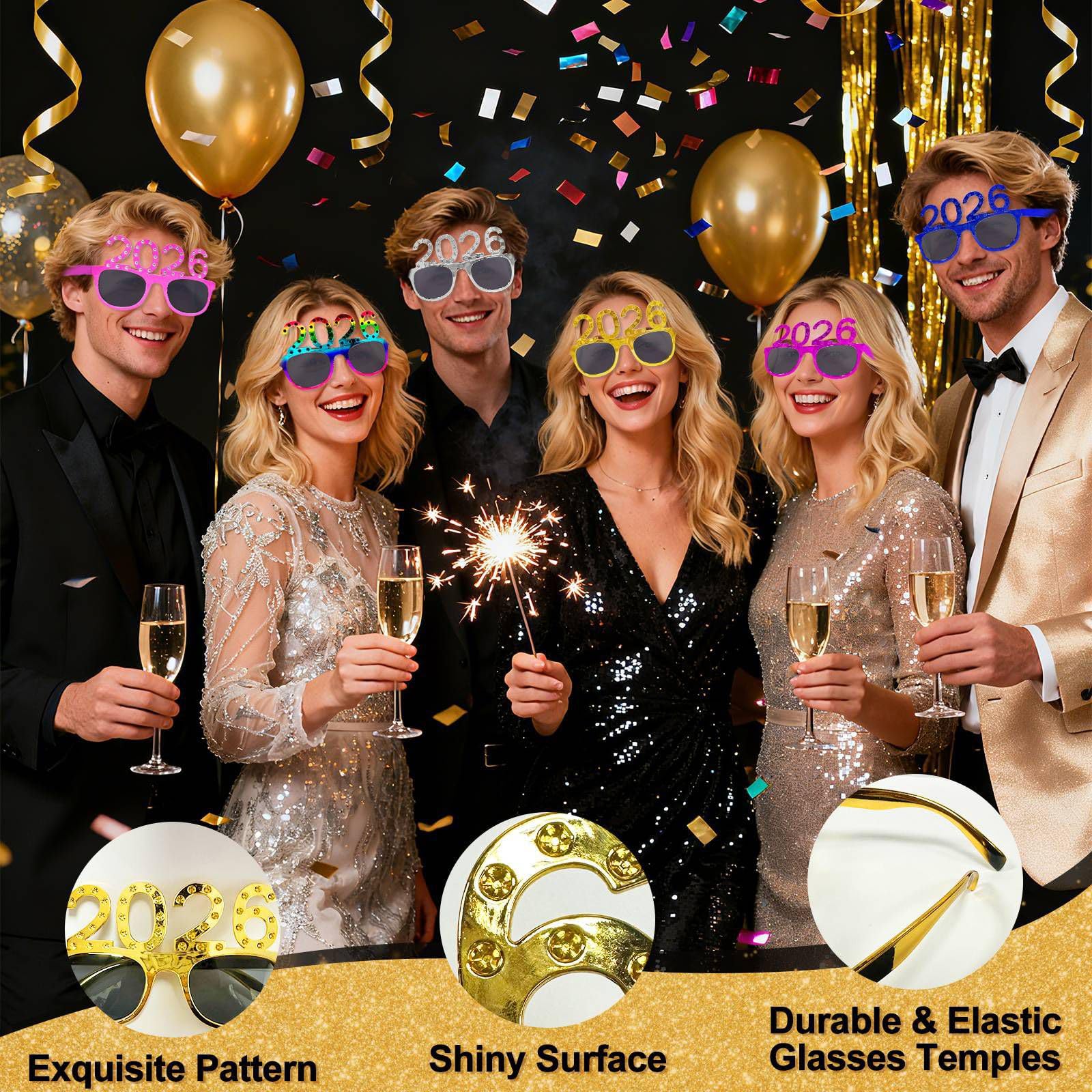 TURNMEON 6 Pairs Happy New Year Glasses Glitter 2026 Shaped Eyeglasses,New Years Eve Party Supplies 2026, New Years Eyewear Funny Sunglasses for New Year Celebration Photo Props Party Favors - Image 6