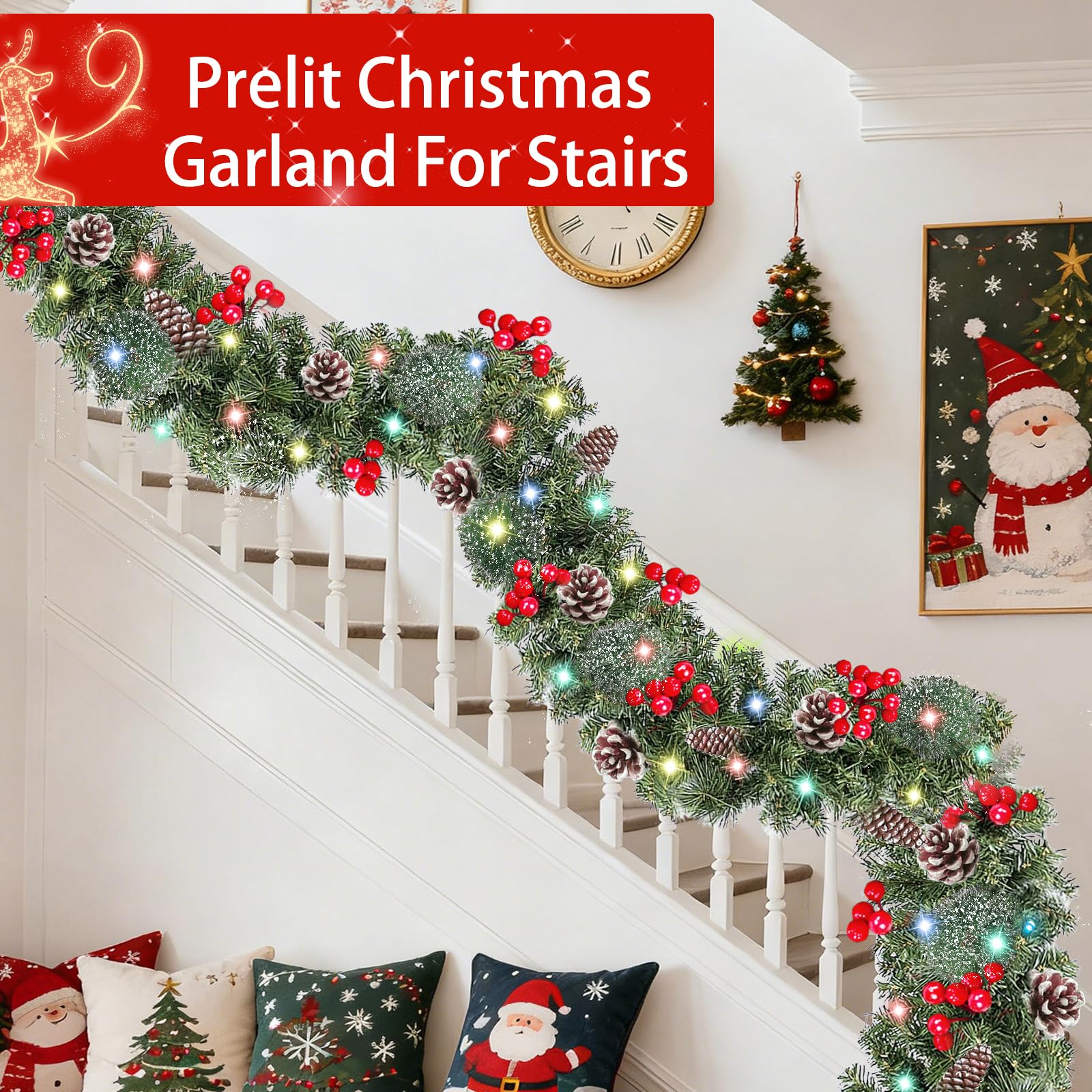 TURNMEON 9 Ft Prelit Artificial Christmas Garland Decor Timer 50 Lights 8 Modes Berry Snowy Bristle Pinecone Battery Operated Xmas Christmas Decoration Mantle Fireplace Home Indoor Outdoor - Image 5