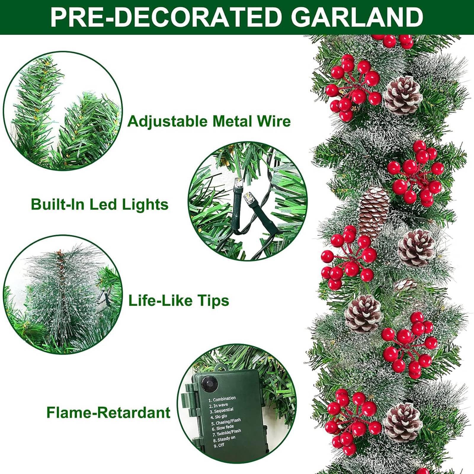 TURNMEON 9 Ft Prelit Artificial Christmas Garland Decor Timer 50 Lights 8 Modes Berry Snowy Bristle Pinecone Battery Operated Xmas Christmas Decoration Mantle Fireplace Home Indoor Outdoor - Image 7
