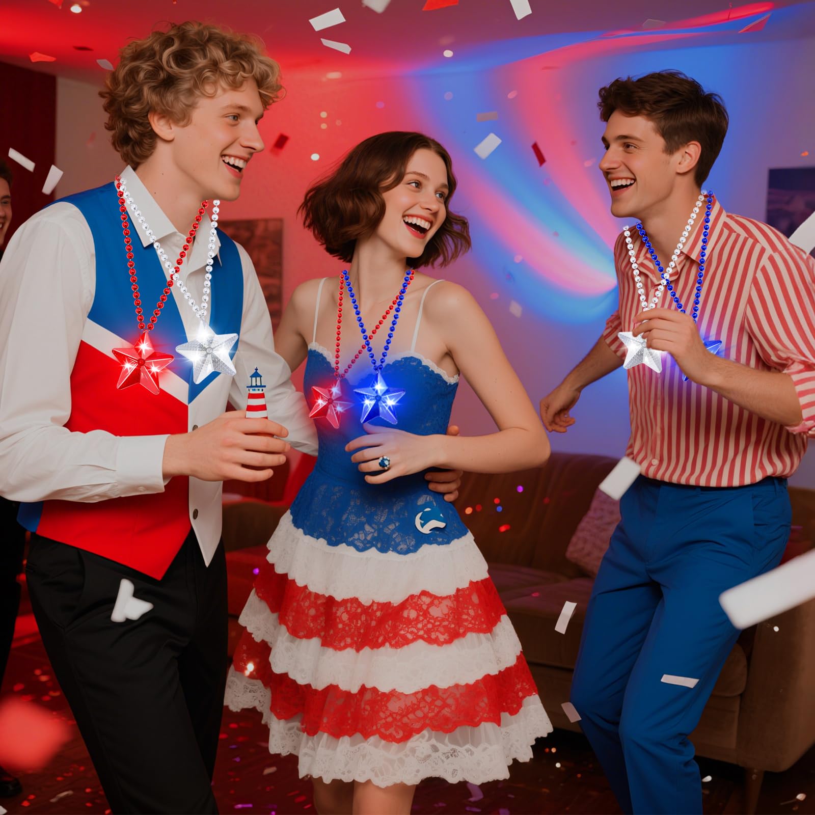 TURNMEON 9 Pack 250th Anniversary 4th of July Party Favor Light Up Necklaces Patriotic Red White Blue Party Accessories Fourth July American Stars Beads Necklaces Adults Independence Day Supplies - Image 4