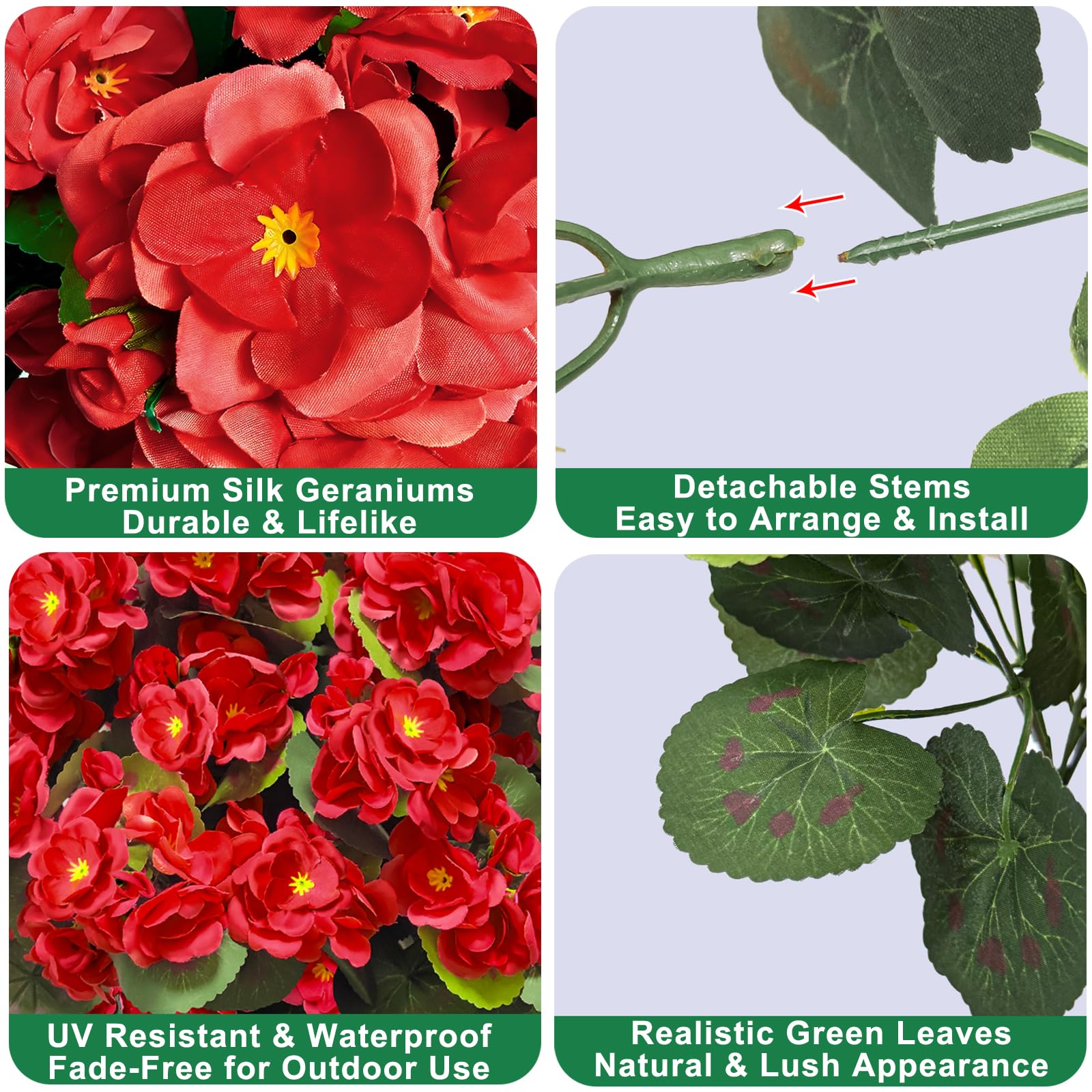 TURNMEON Artificial Geraniums Flowers for Outdoors Summer Decoration, 4 Bundles Fake Flowers Silk Red Flowers UV Resistant No Fade Faux Plants for Gardens Planter Patio Balcony Indoor Cemetery Decor - Image 6