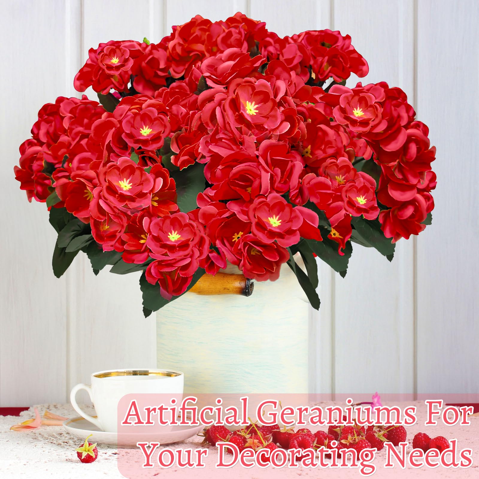 TURNMEON Artificial Geraniums Flowers for Outdoors Summer Decoration, 4 Bundles Fake Flowers Silk Red Flowers UV Resistant No Fade Faux Plants for Gardens Planter Patio Balcony Indoor Cemetery Decor - Image 8