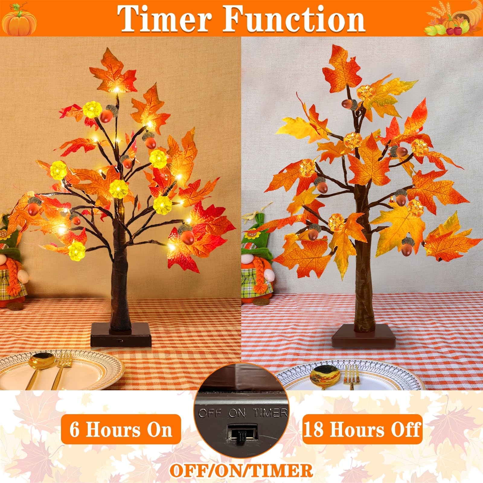 TURNMEON Fall Decor 2 Pack 18 Inch Prelit Fall Maple Tree Fall Decorations for Home with 48 LEDs Timer Battery Operated Pumpkin Lights 6 Acorn Lighted Thanksgiving Halloween Decor Table Indoor Outdoor - Image 3