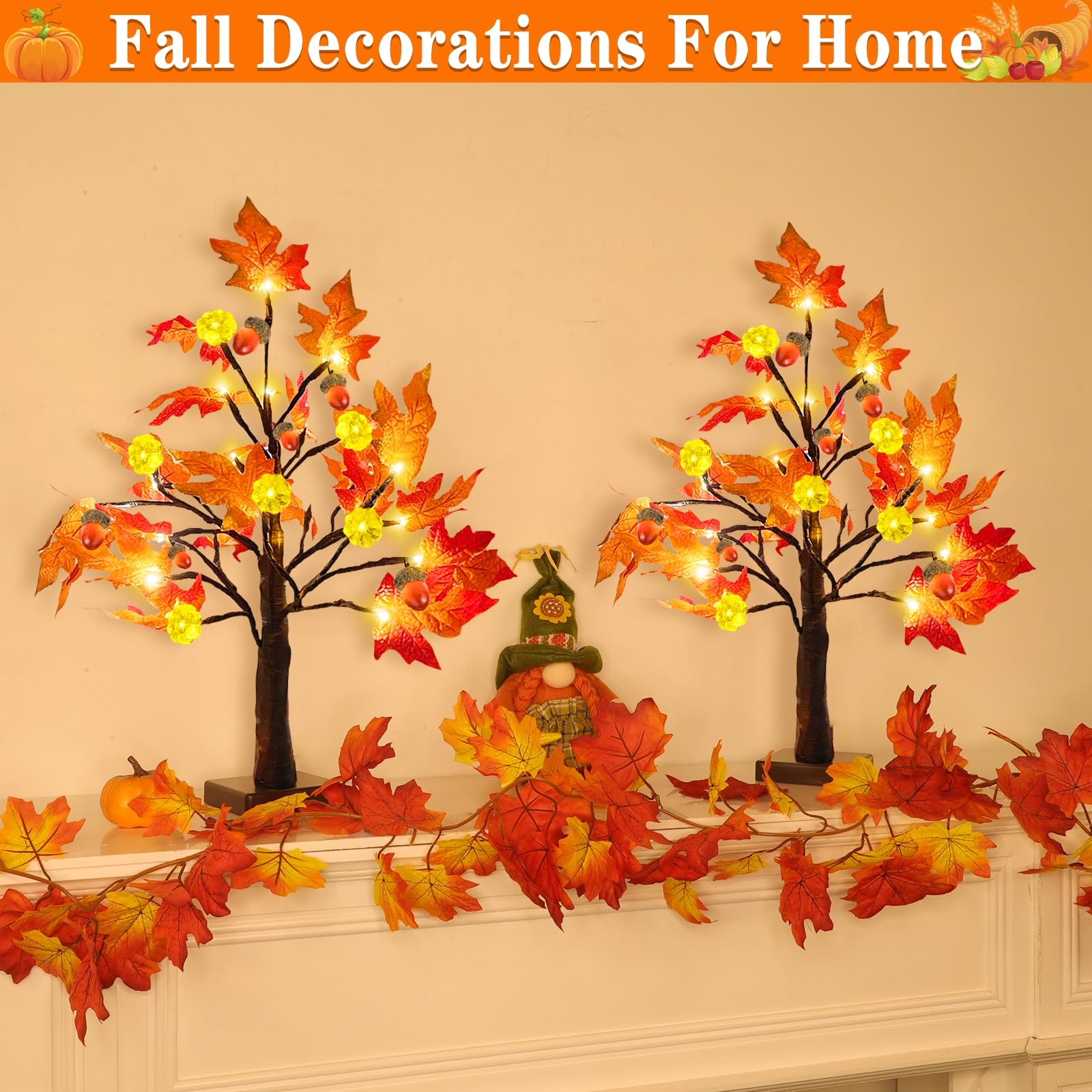 TURNMEON Fall Decor 2 Pack 18 Inch Prelit Fall Maple Tree Fall Decorations for Home with 48 LEDs Timer Battery Operated Pumpkin Lights 6 Acorn Lighted Thanksgiving Halloween Decor Table Indoor Outdoor - Image 4