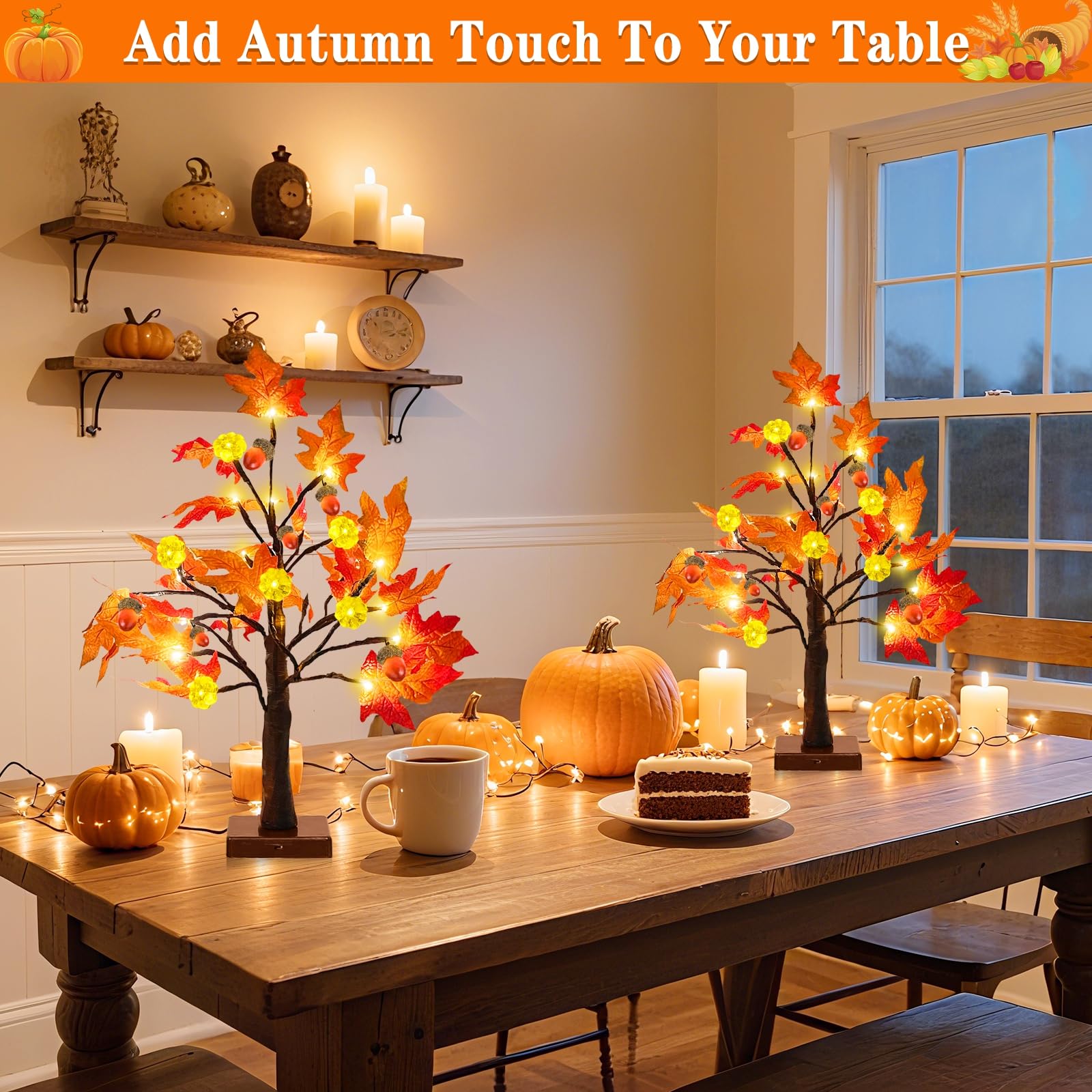 TURNMEON Fall Decor 2 Pack 18 Inch Prelit Fall Maple Tree Fall Decorations for Home with 48 LEDs Timer Battery Operated Pumpkin Lights 6 Acorn Lighted Thanksgiving Halloween Decor Table Indoor Outdoor - Image 5