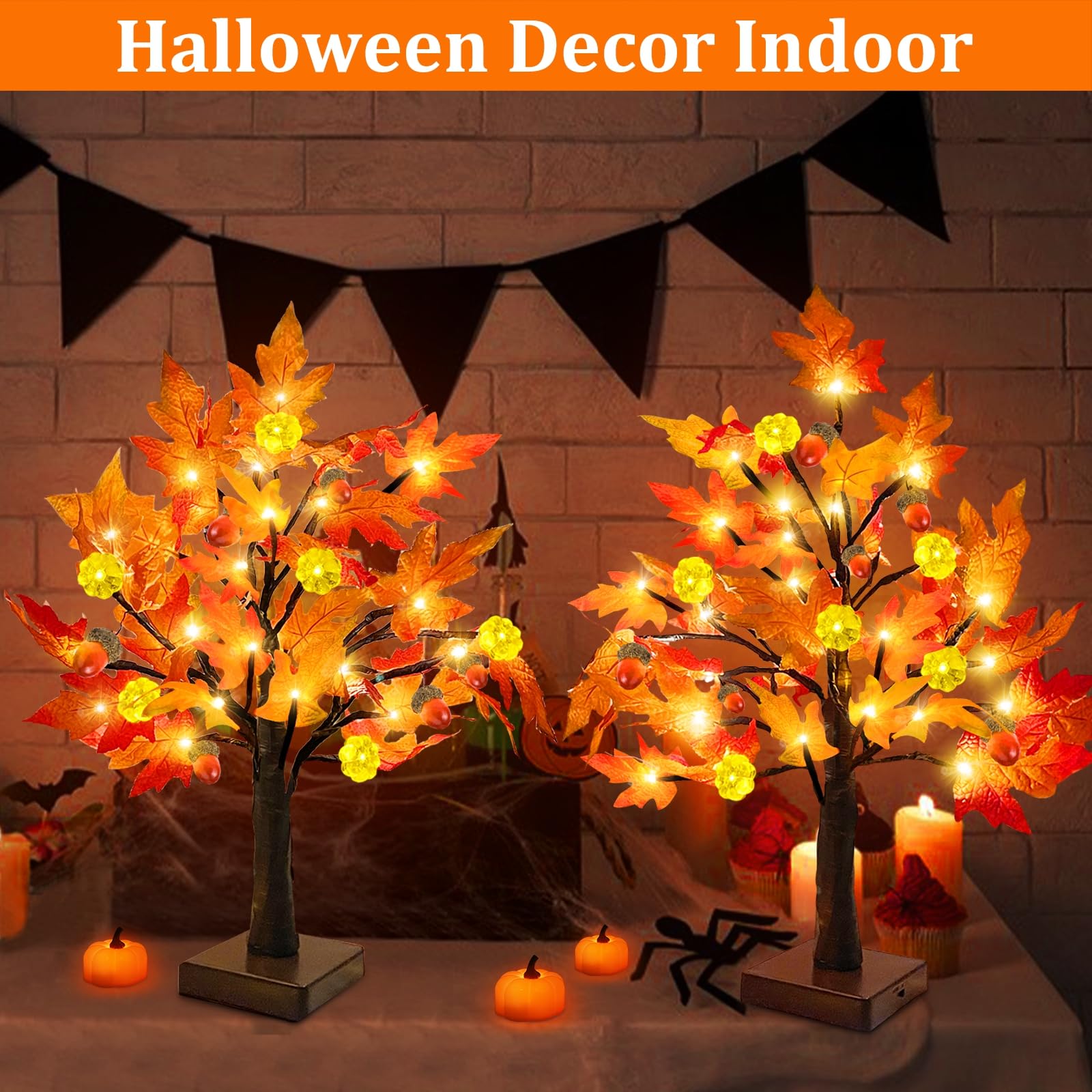 TURNMEON Fall Decor 2 Pack 18 Inch Prelit Fall Maple Tree Fall Decorations for Home with 48 LEDs Timer Battery Operated Pumpkin Lights 6 Acorn Lighted Thanksgiving Halloween Decor Table Indoor Outdoor - Image 7