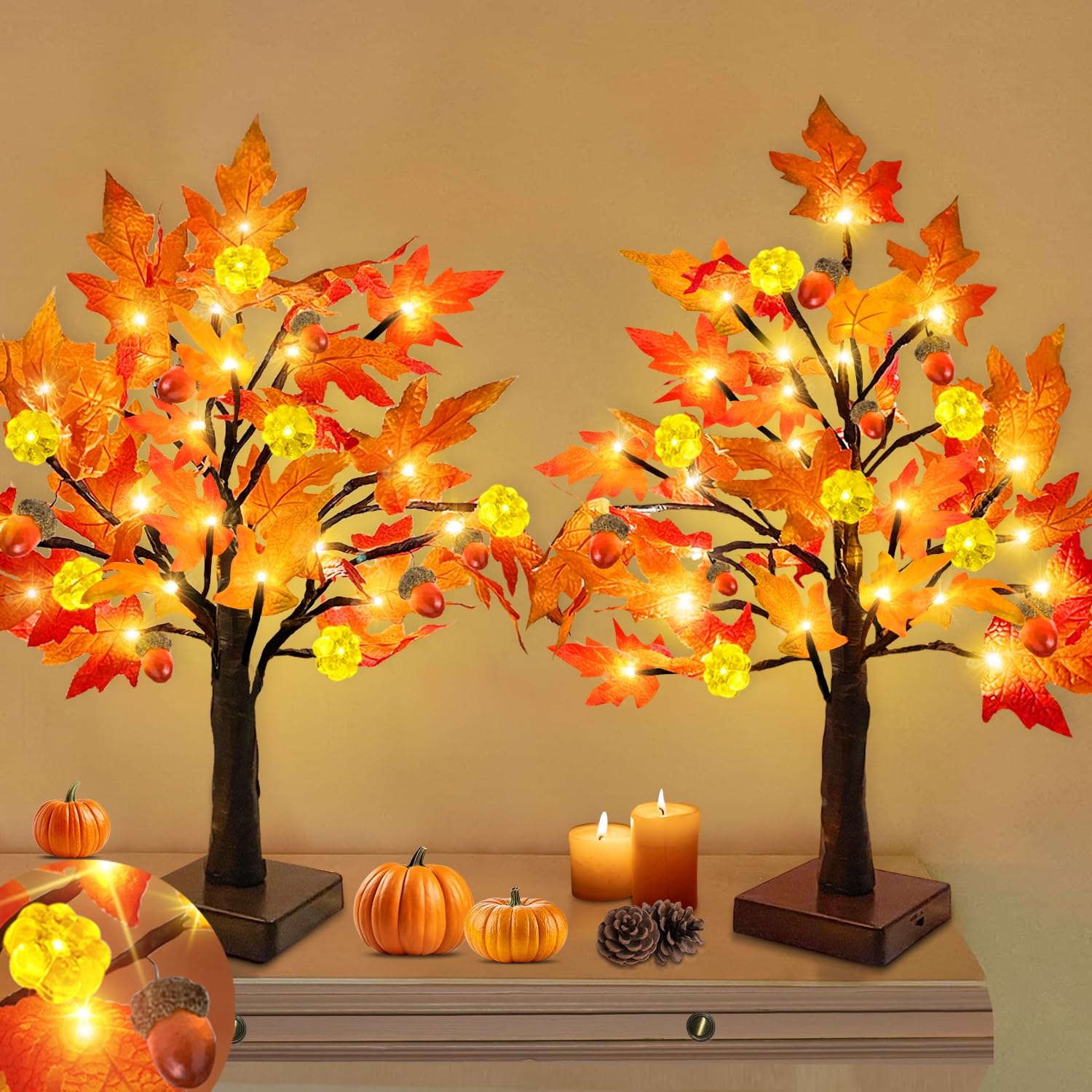 TURNMEON Fall Decor 2 Pack 18 Inch Prelit Fall Maple Tree Fall Decorations for Home with 48 LEDs Timer Battery Operated Pumpkin Lights 6 Acorn Lighted Thanksgiving Halloween Decor Table Indoor Outdoor - Image 8