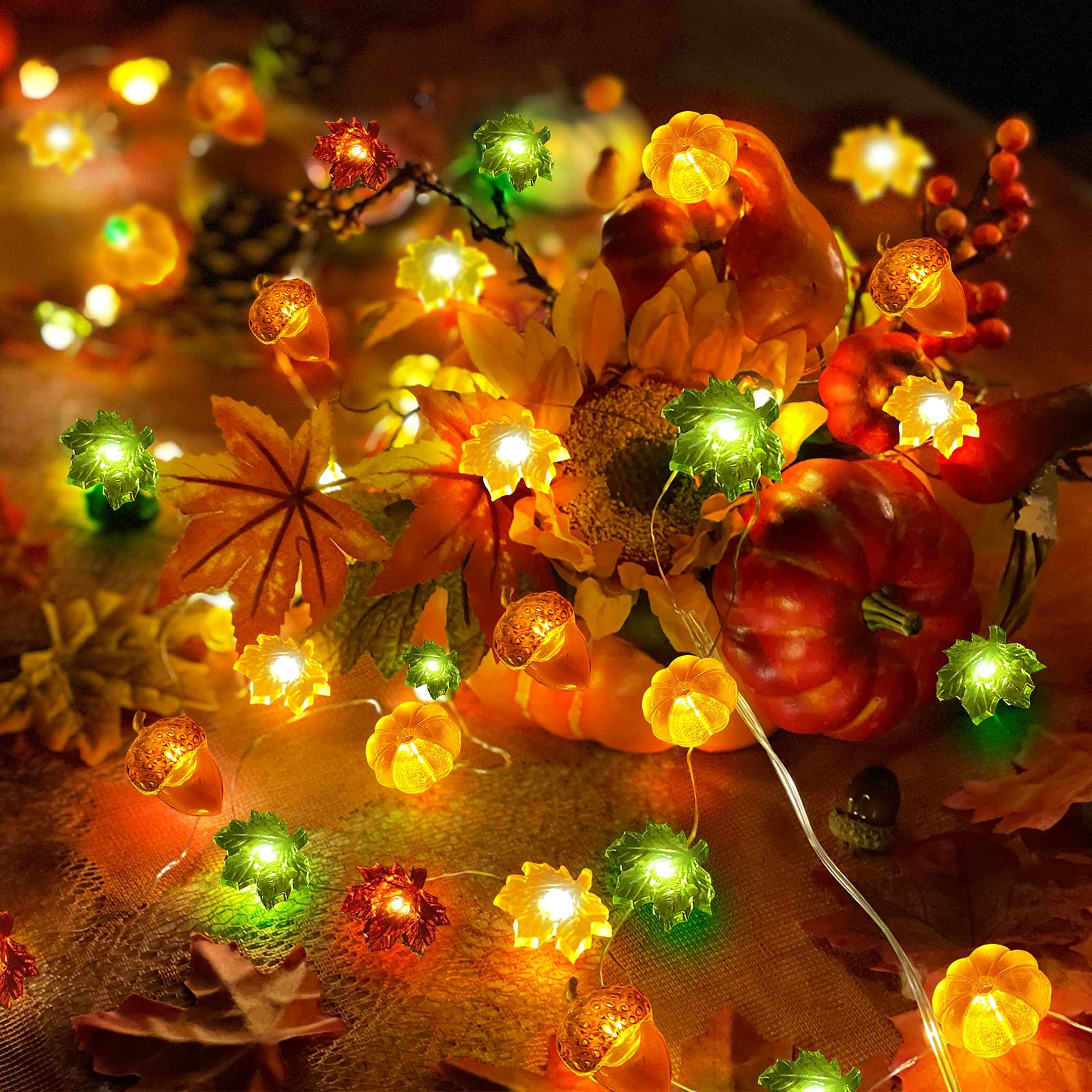 TURNMEON Fall Decor 2 Pack 3D Fall Thanksgiving Pumpkin String Lights Total 40LED/13Ft Thanksgiving Decorations for Home, 3 in 1 Battery Powered Fall Lights Halloween Decor Home Indoor Outdoor - Image 5