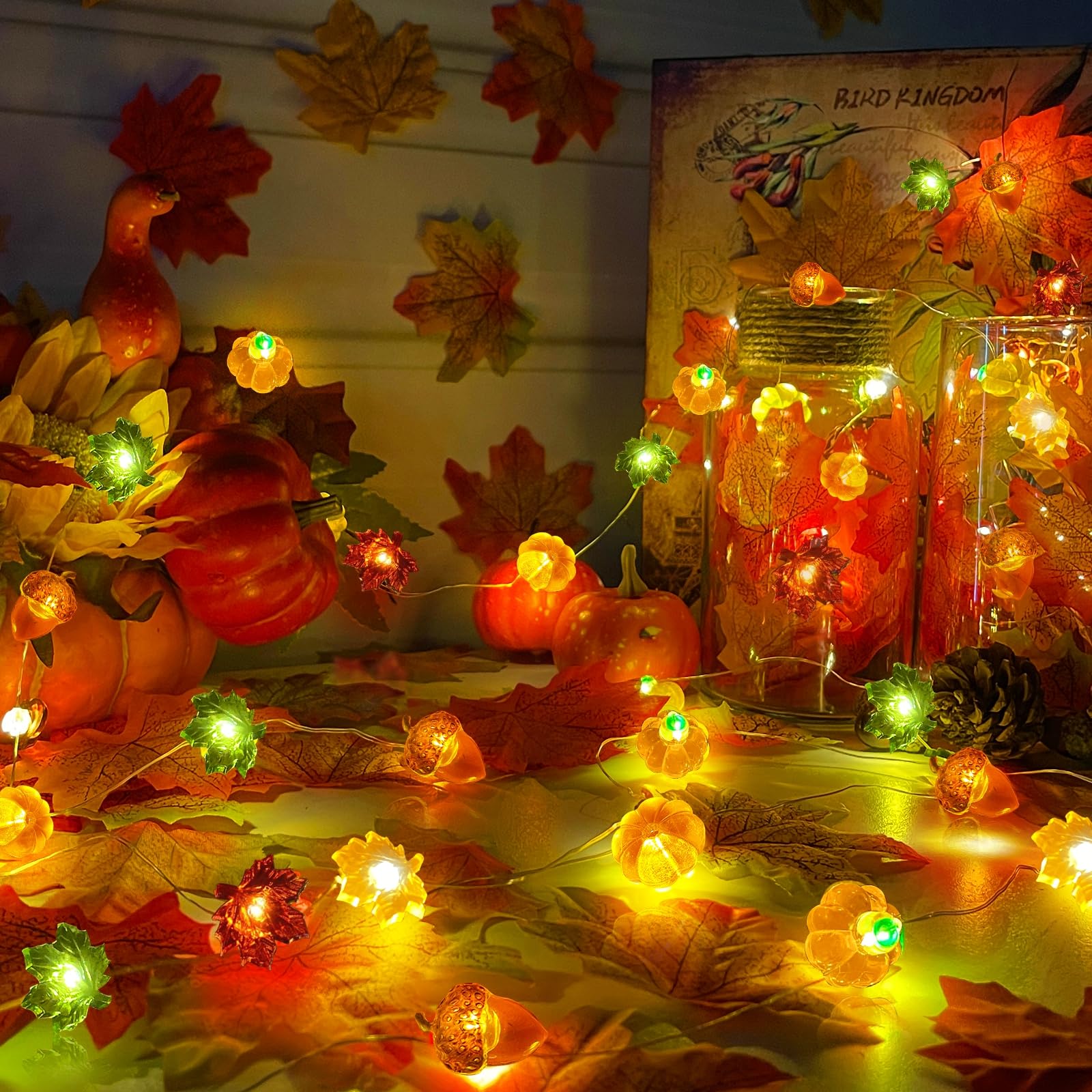 TURNMEON Fall Decor 2 Pack 3D Fall Thanksgiving Pumpkin String Lights Total 40LED/13Ft Thanksgiving Decorations for Home, 3 in 1 Battery Powered Fall Lights Halloween Decor Home Indoor Outdoor - Image 8