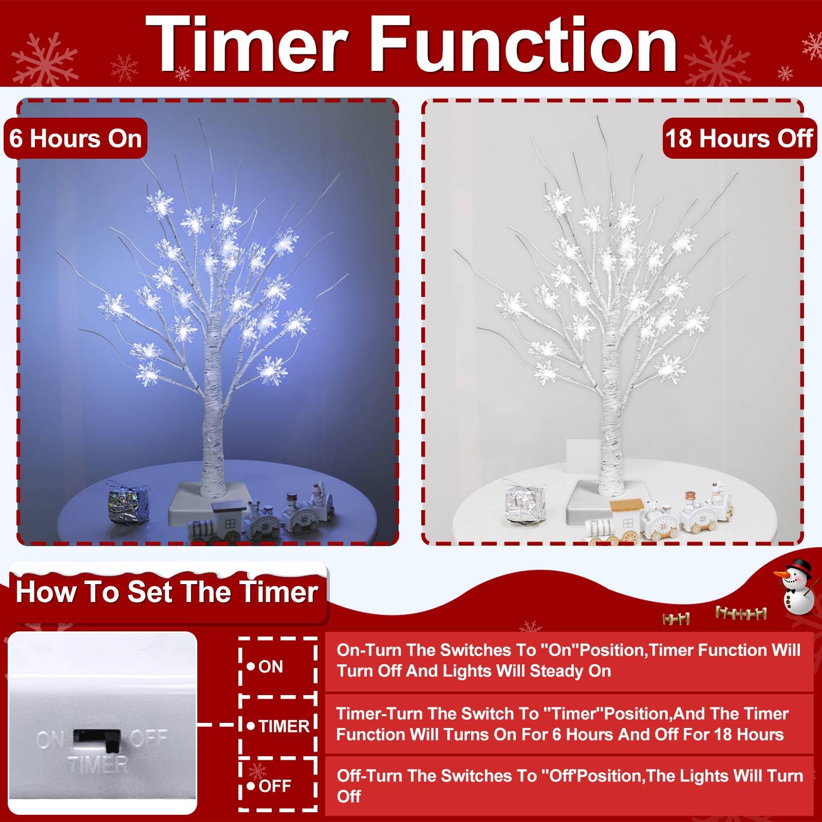 TURNMEON Tabletop Christmas Tree, 2 Pack Lighted Birches Tree Small Christmas Tree, Prelit 48 Snowflake White Lights Timer, Battery Operated Adjustable Branches Xmas Decor Home Indoor Mantel 18 inch - Image 3