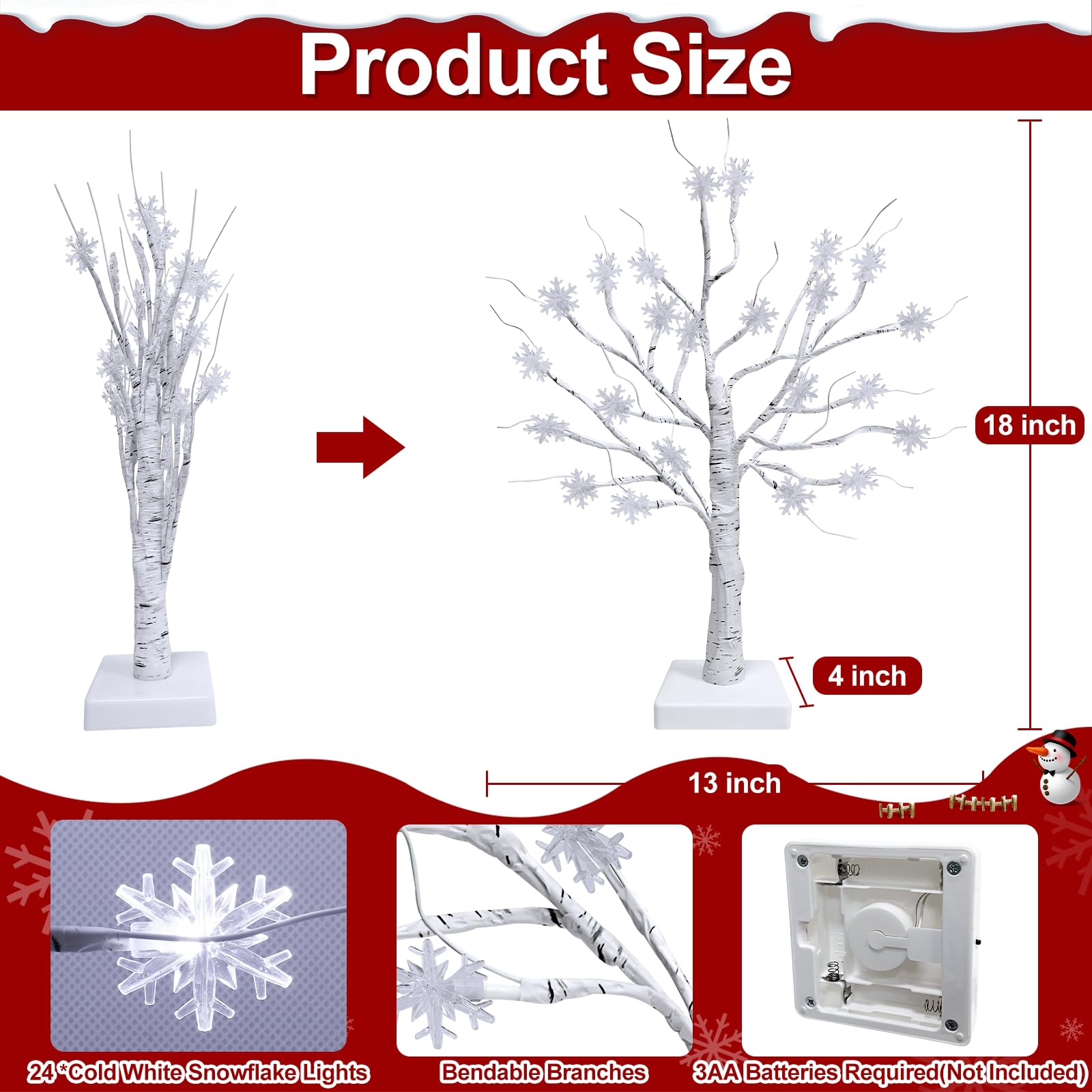 TURNMEON Tabletop Christmas Tree, 2 Pack Lighted Birches Tree Small Christmas Tree, Prelit 48 Snowflake White Lights Timer, Battery Operated Adjustable Branches Xmas Decor Home Indoor Mantel 18 inch - Image 4