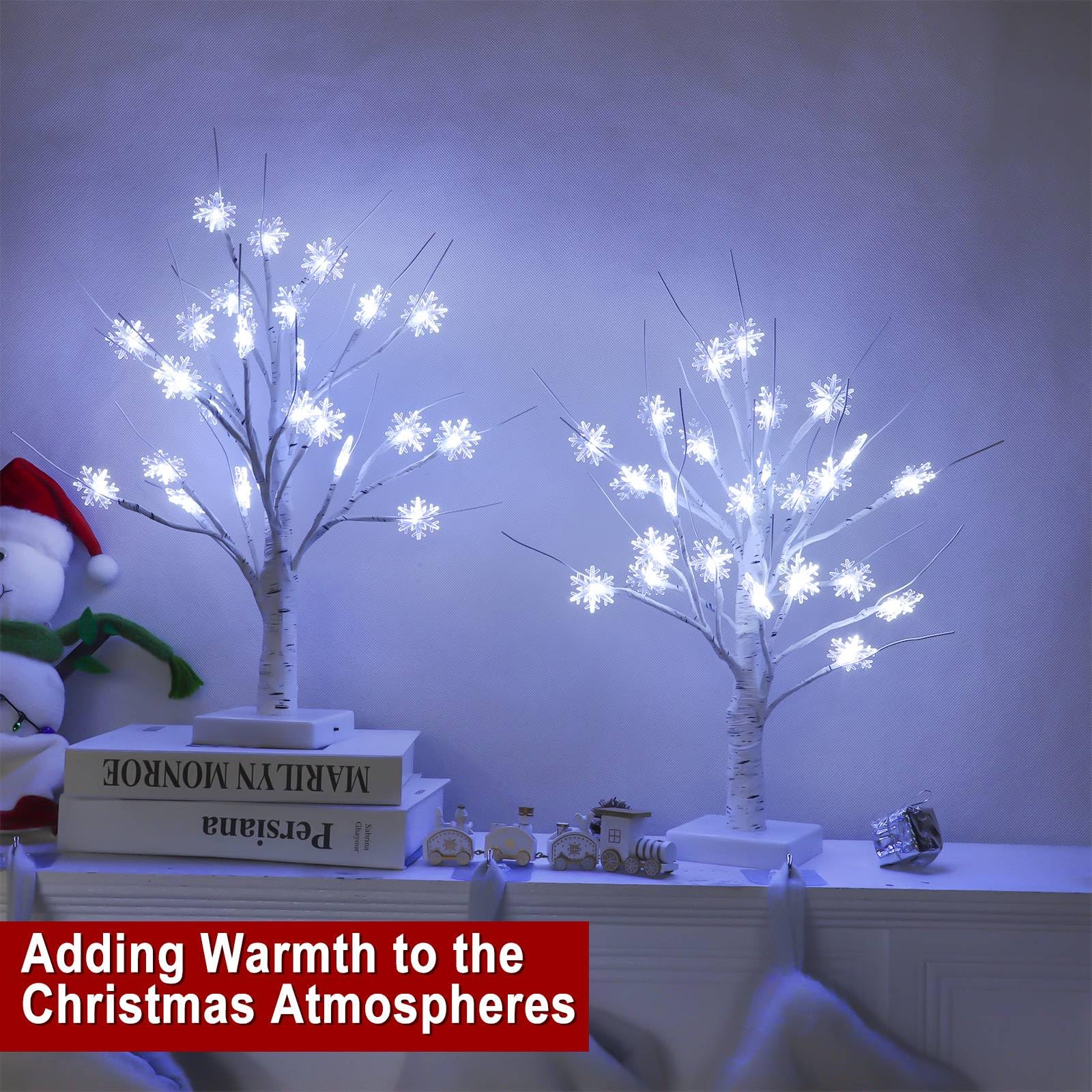 TURNMEON Tabletop Christmas Tree, 2 Pack Lighted Birches Tree Small Christmas Tree, Prelit 48 Snowflake White Lights Timer, Battery Operated Adjustable Branches Xmas Decor Home Indoor Mantel 18 inch - Image 5