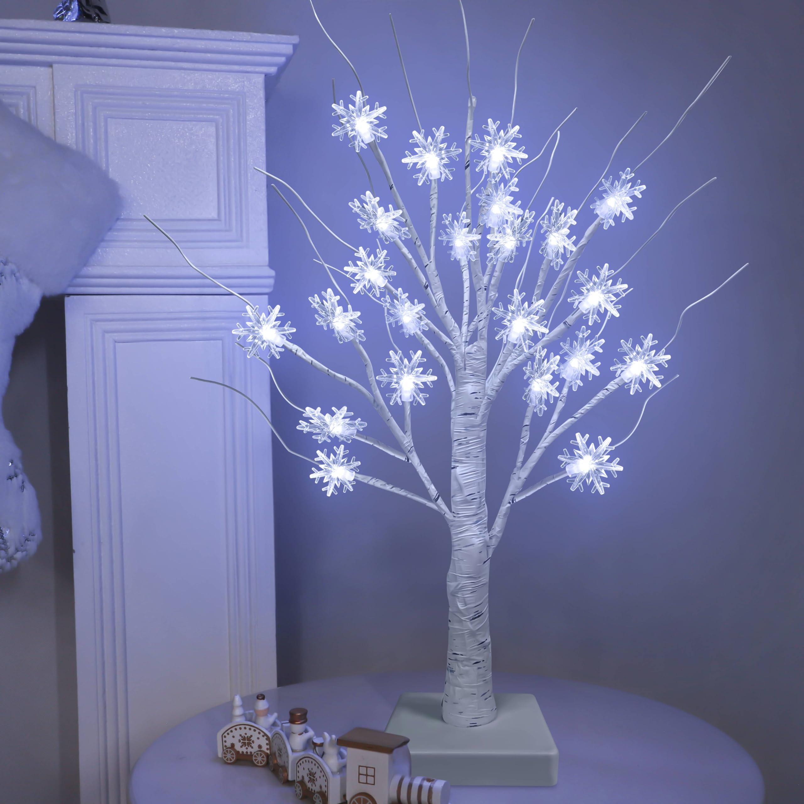 TURNMEON Tabletop Christmas Tree, 2 Pack Lighted Birches Tree Small Christmas Tree, Prelit 48 Snowflake White Lights Timer, Battery Operated Adjustable Branches Xmas Decor Home Indoor Mantel 18 inch - Image 6