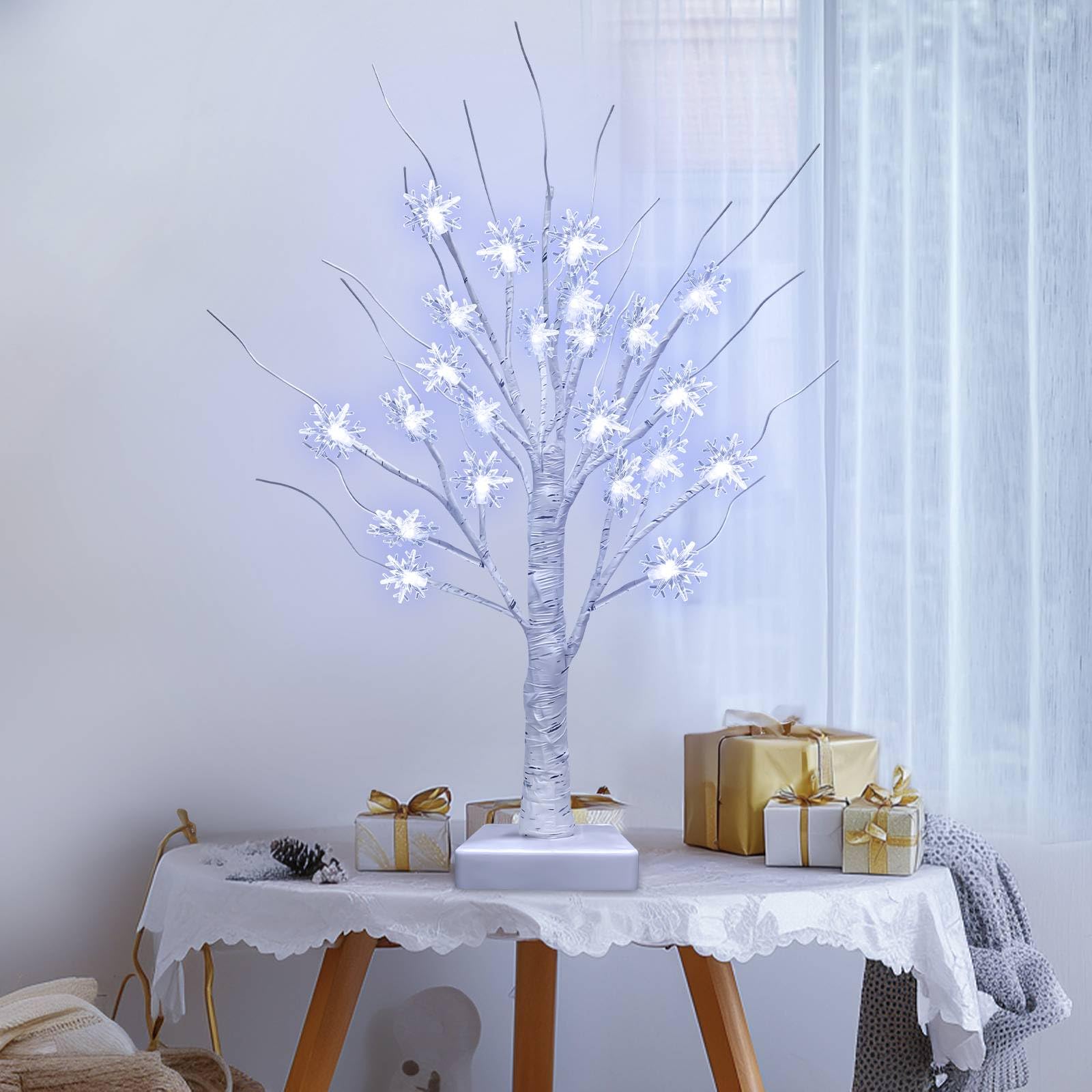 TURNMEON Tabletop Christmas Tree, 2 Pack Lighted Birches Tree Small Christmas Tree, Prelit 48 Snowflake White Lights Timer, Battery Operated Adjustable Branches Xmas Decor Home Indoor Mantel 18 inch - Image 7